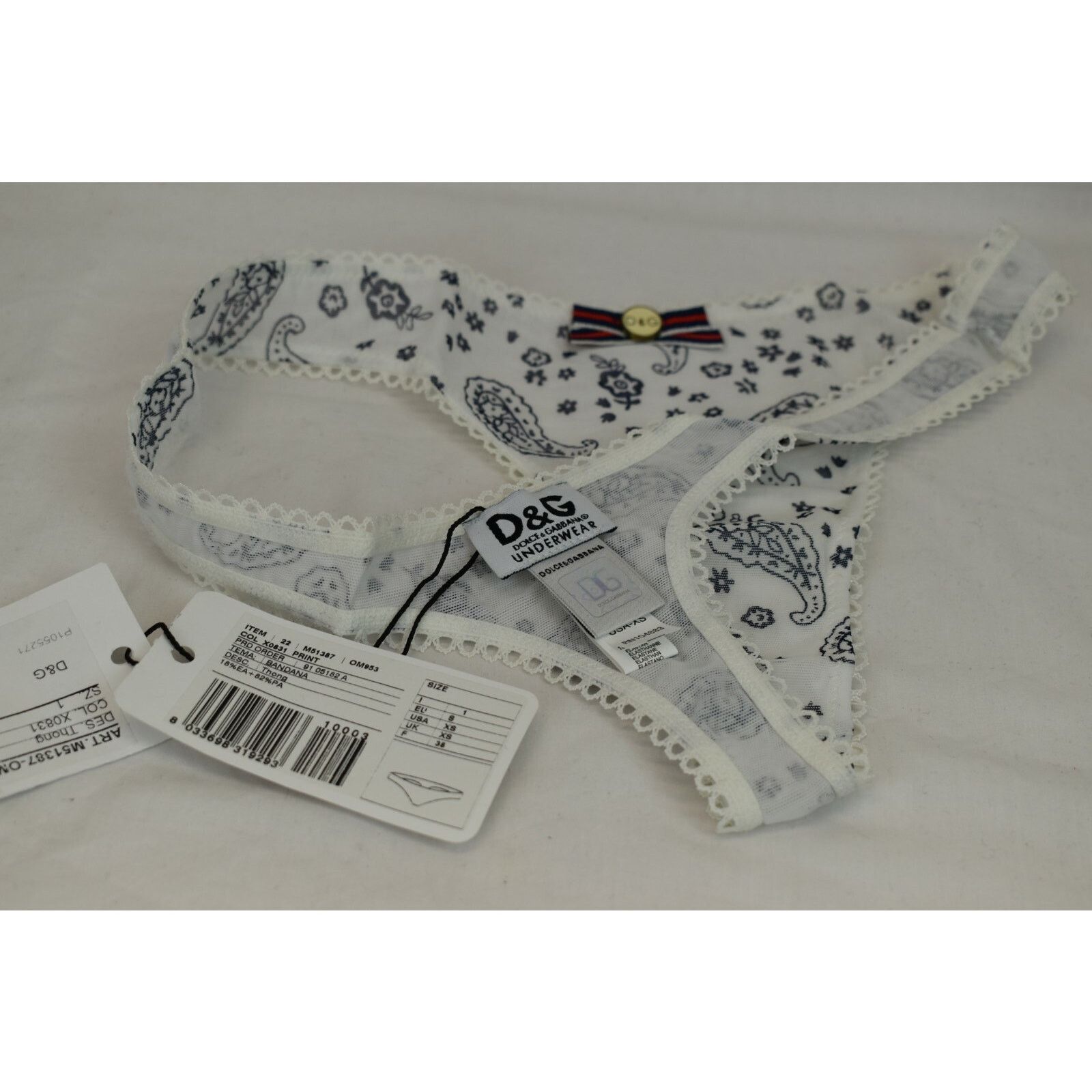 Dolce & Gabbana DOLCE GABBANA WHITE PAISLEY BOW LOGO THONG UNDERWEAR XS Size ONE SIZE - 5 Thumbnail
