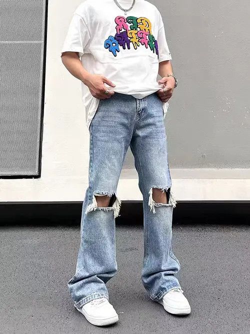Japanese Brand Hip Hop Vintage Washed Double Knee Ripped Micro Flare Jeans Size US 32 / EU 48 - 2 Thumbnail