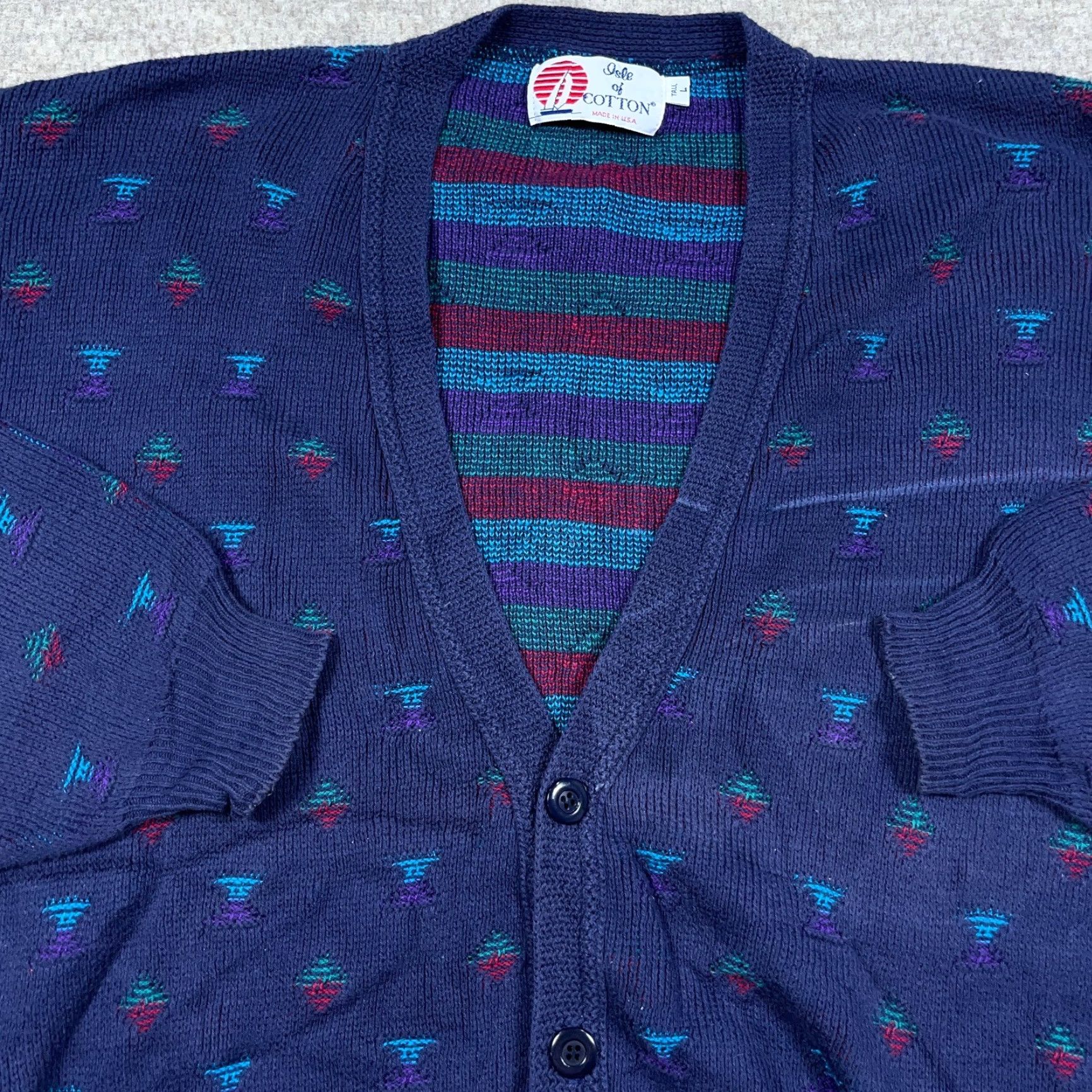 Vintage VINTAGE Isle Of Cotton Cardigan Sweater Men Large Blue Geometric Grandpa USA Cardigan Knit: 90s Modern Preppy American 80s Size US L / EU 52-54 / 3 - 2 Thumbnail