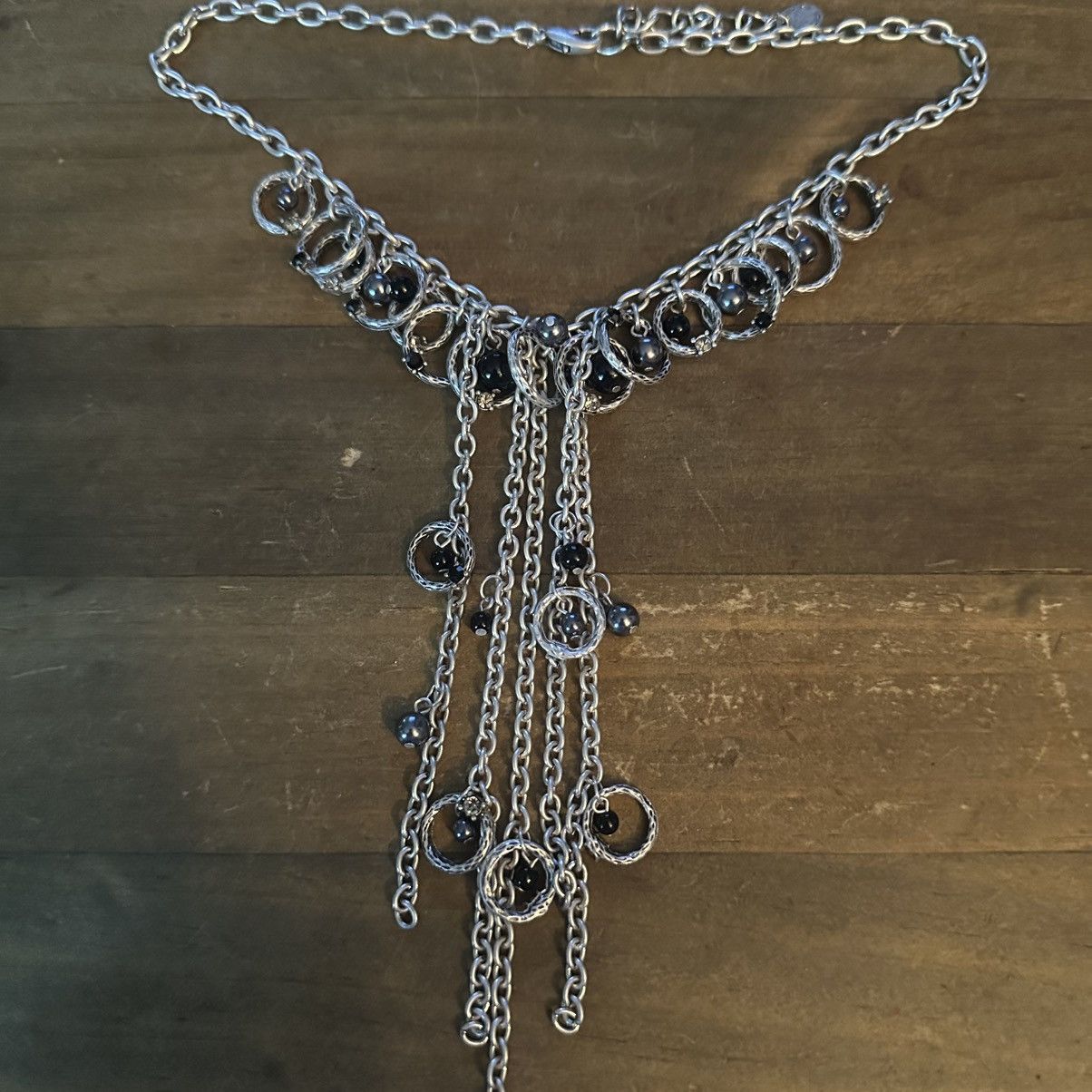 Other Silver tone rings and black beads chain fringe necklace Size ONE SIZE - 2 Thumbnail