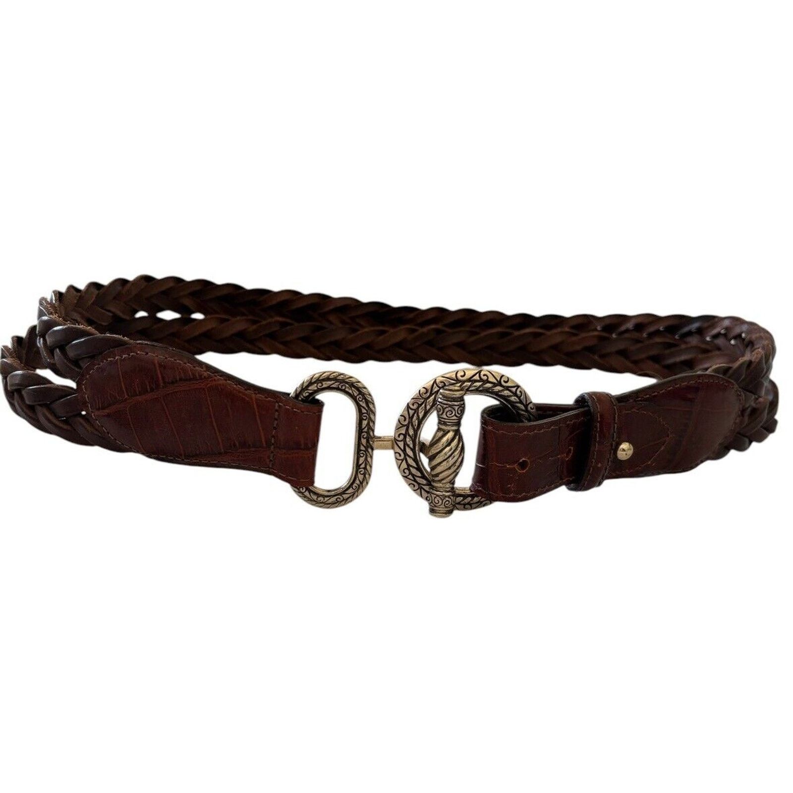 Brighton Brighton 1996 Double Brown Leather Woven Belt Silver Toggle Size ONE SIZE - 1 Thumbnail