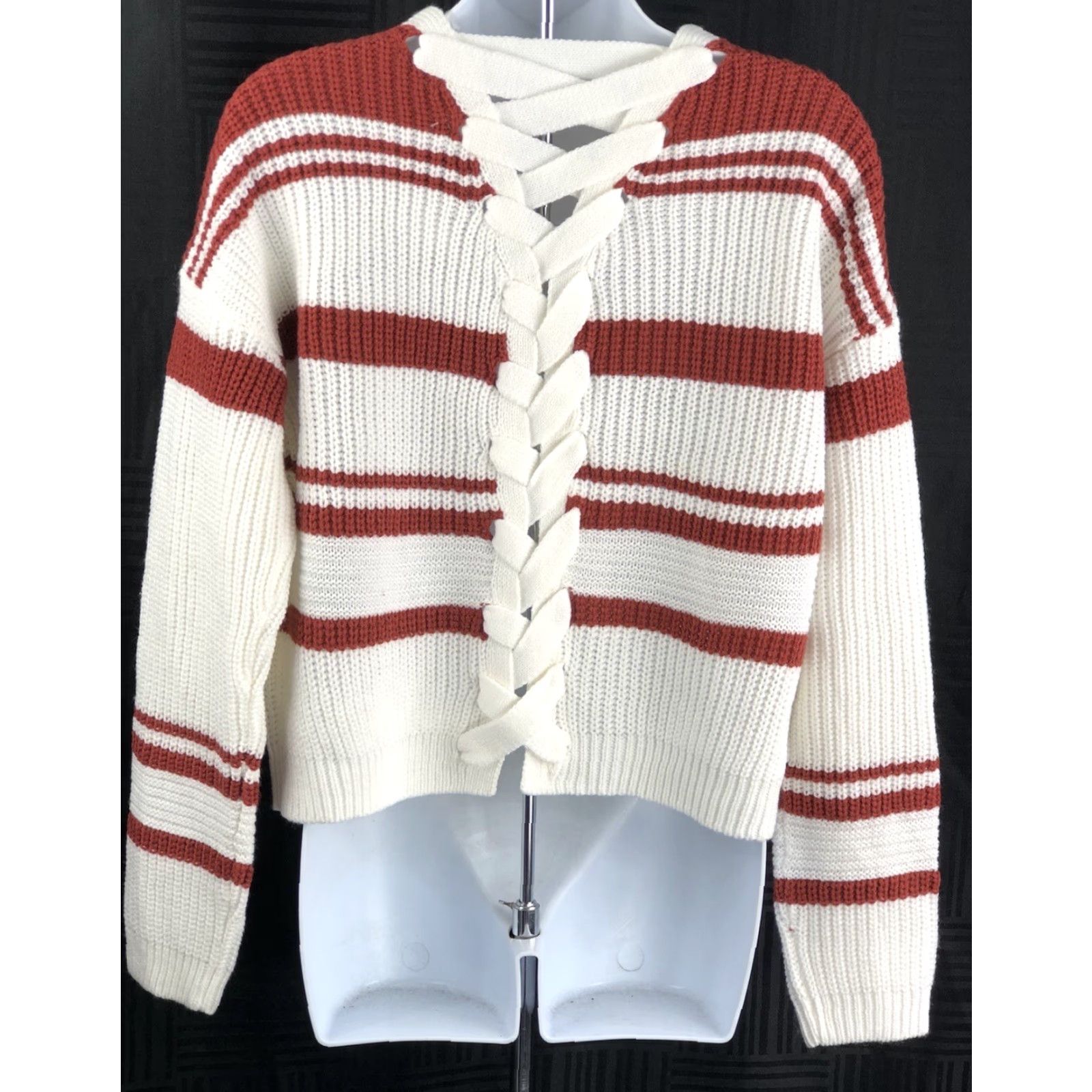 Vintage NWT Derek Heart Sweater L Ivory Brown V-Neck Criss Cross Laced Back Long Sleeve Shirt Women Size L / US 10 / IT 46 - 2 Thumbnail