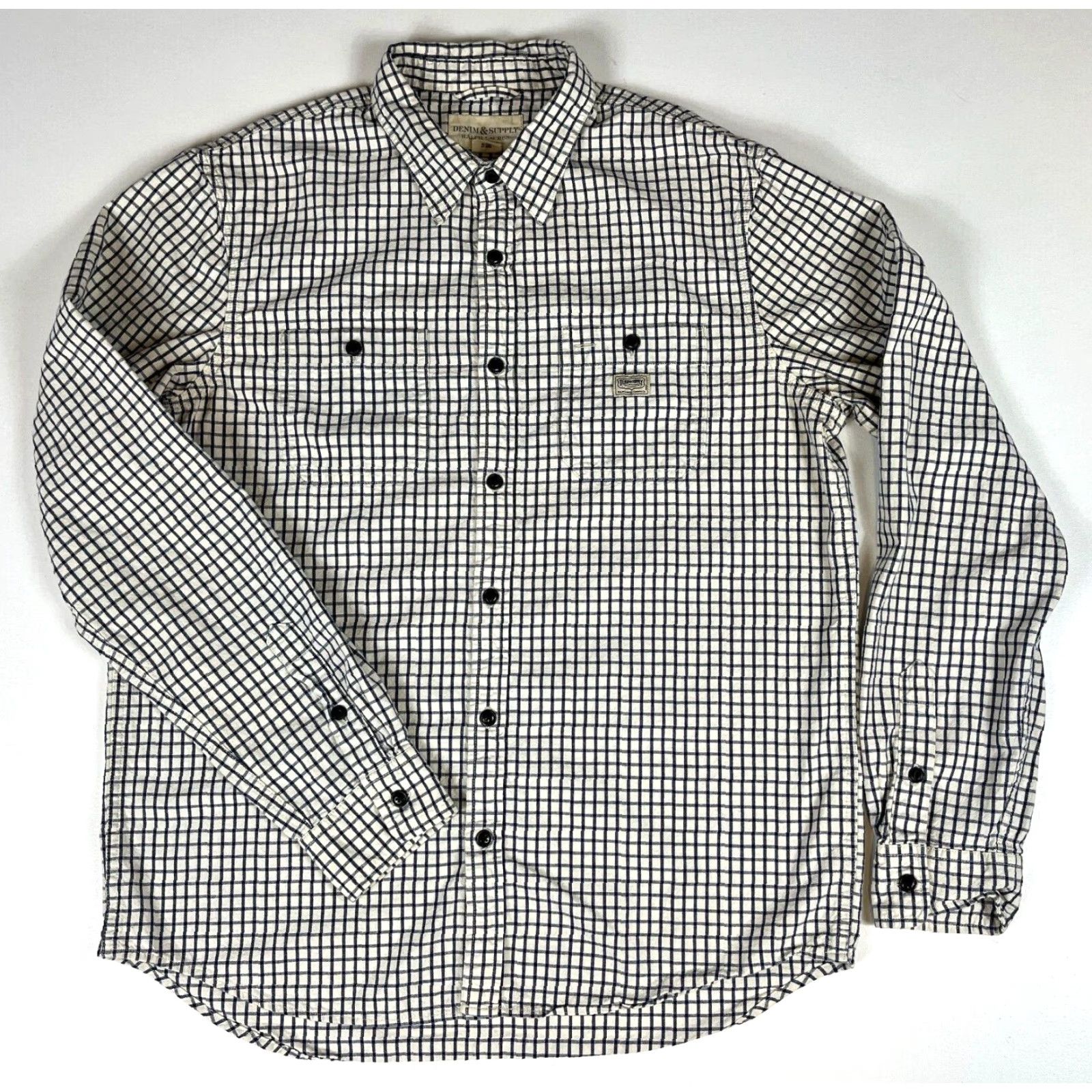Vintage Ralph Lauren Denim & Supply Button-Up Shirt Mens Cotton Check Long Sleeve Sz L White Navy Size US L / EU 52-54 / 3 - 3 Thumbnail