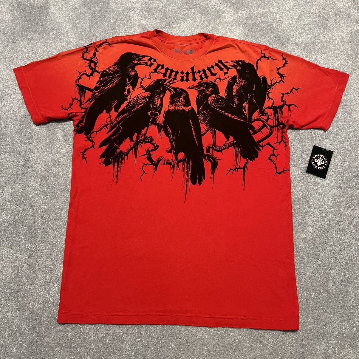 image of Affliction Haunted Mound Sematary Crows Red Spray Logo Tee in Red Black, Men's (Size XL)