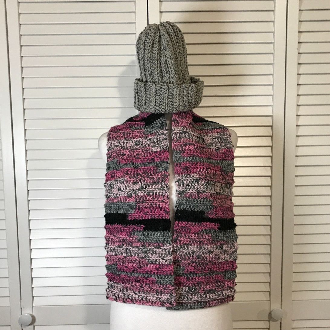Handmade NWT Handmade Crocheted Gray Multicolor Beanie & Scarf 45” Size ONE SIZE - 1 Thumbnail