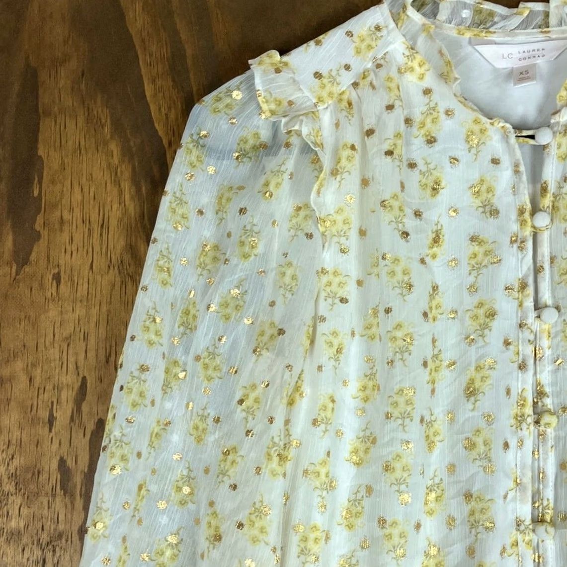 Lauren Conrad LC Lauren Conrad Womens Blouse White Yellow Floral Sheer Long Sleeve Lined XS Size XS / US 0-2 / IT 36-38 - 4 Thumbnail