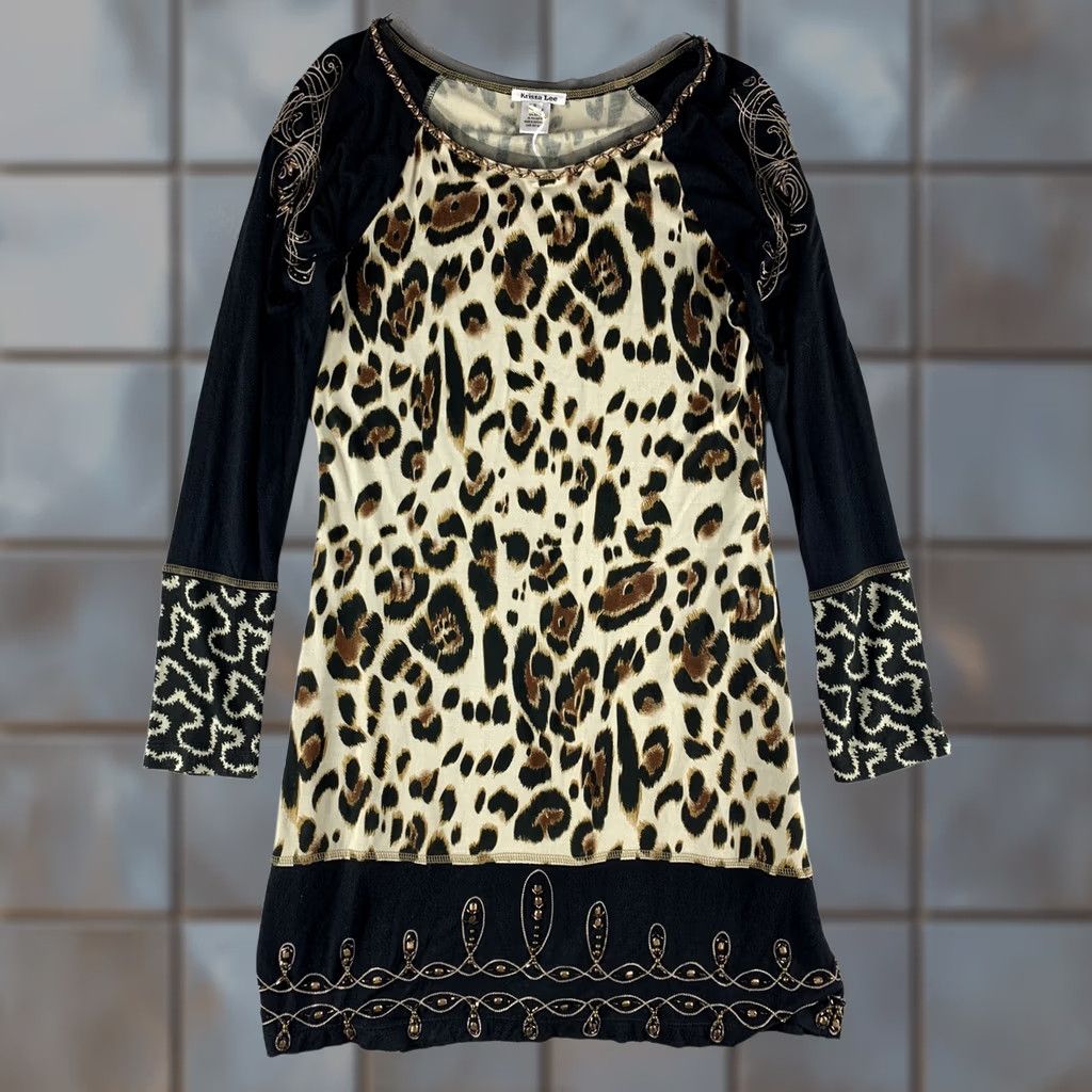 Lee KRISTA LEE DRESS WOMENS SMALL LEOPARD PRINT BLACK BEIGE LONGSLEEVE RINESTONES - Business Casual Size S / US 4 / IT 40 - 1 Thumbnail