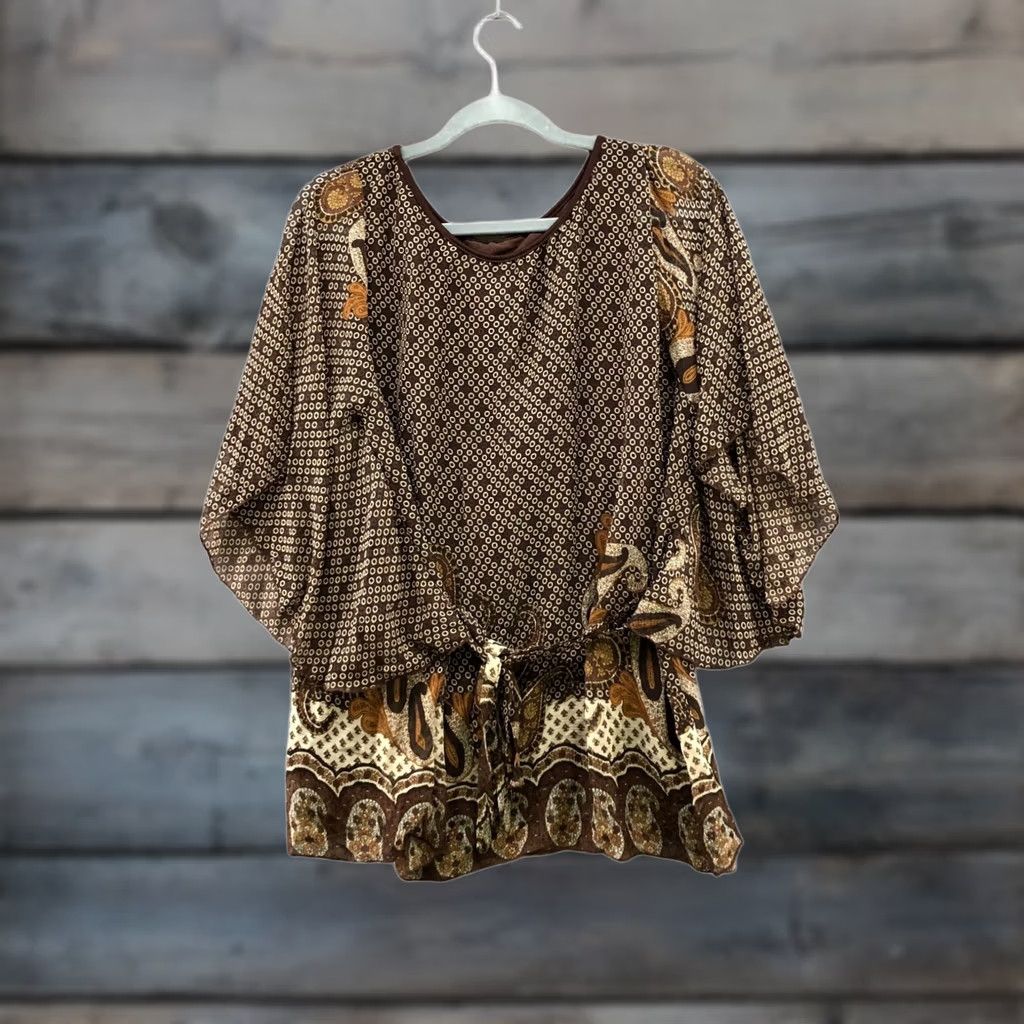 Vintage NWT C.O.C. Womens Brown Paisley Print Blouse Dolman Sleeve Tie Waist 1XL Bohemian Shirt Womens Plus Size 1X Size XL / US 12-14 / IT 48-50 - 1 Thumbnail