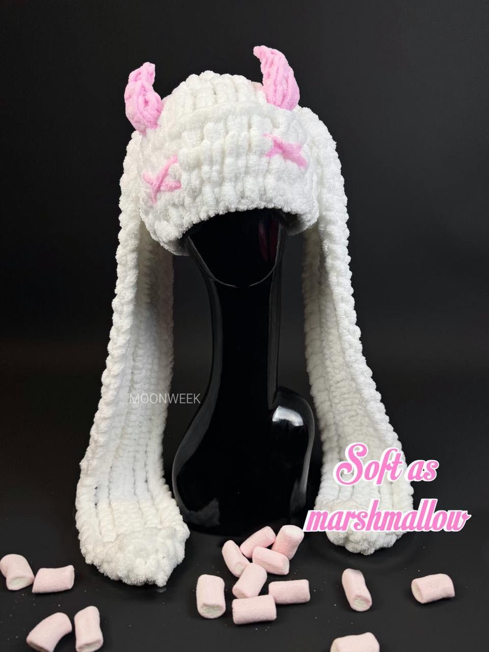Handmade Bunny hat with ears . Pink beanie bunny with horns Size ONE SIZE - 2 Thumbnail