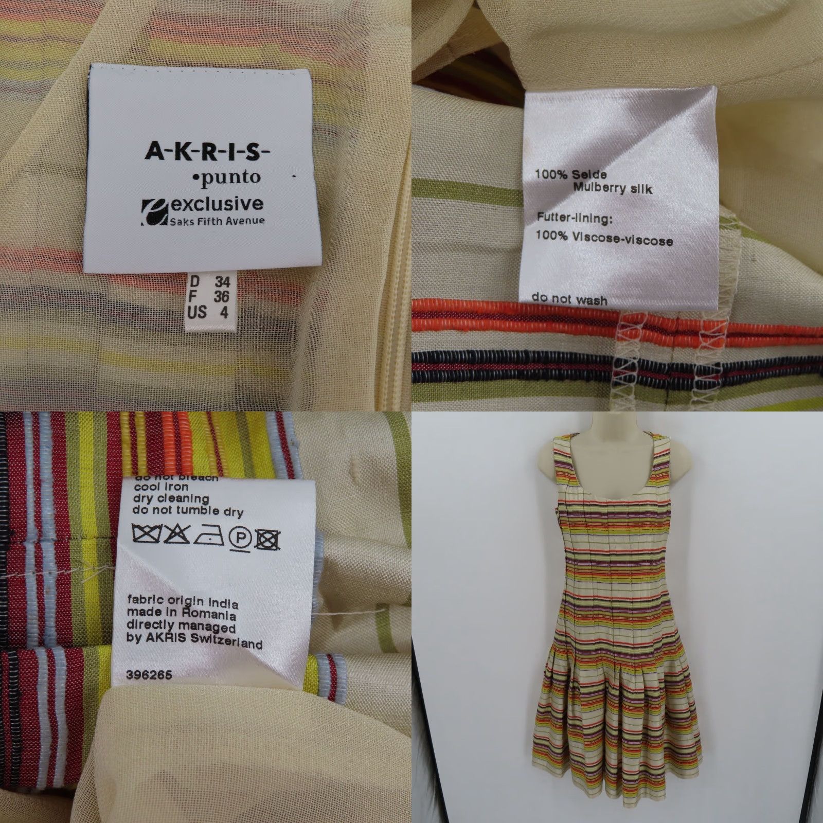 Akris Akris Punto Dress Woman 4 US 36 FR Multicolor Horizontal Stripe Pleated Knee Length Silk A-Line Sleeveless Zip Back Womens Size S / US 4 / IT 40 - 8 Thumbnail