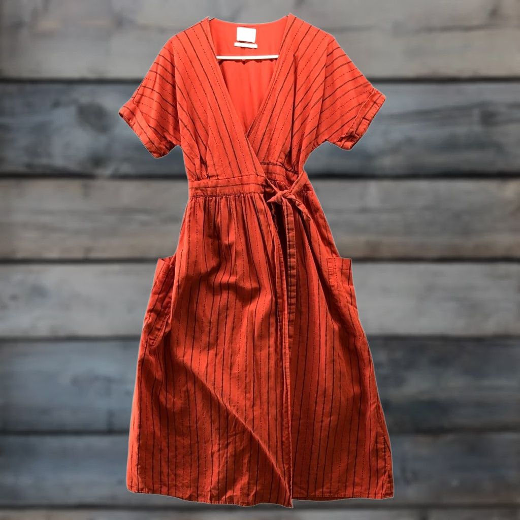 Urban Outfitters Wrap Midi Dress Xs Burnt Orange Linen Blend Striped Sundress A-Line Womens, Women's