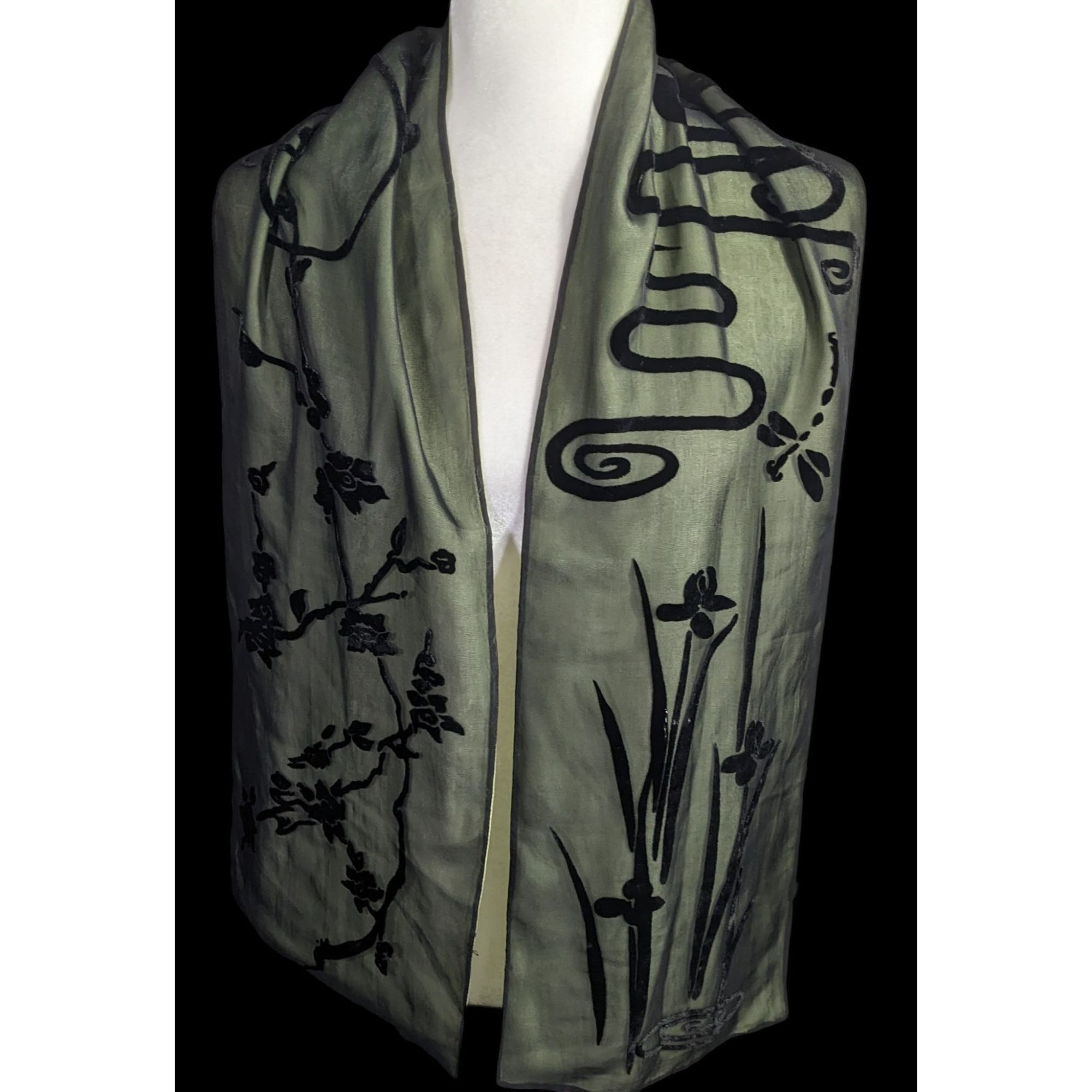Other Vintage 90s Gothic Burnt Velvet Floral Scarf Green & Black D Size ONE SIZE - 3 Thumbnail