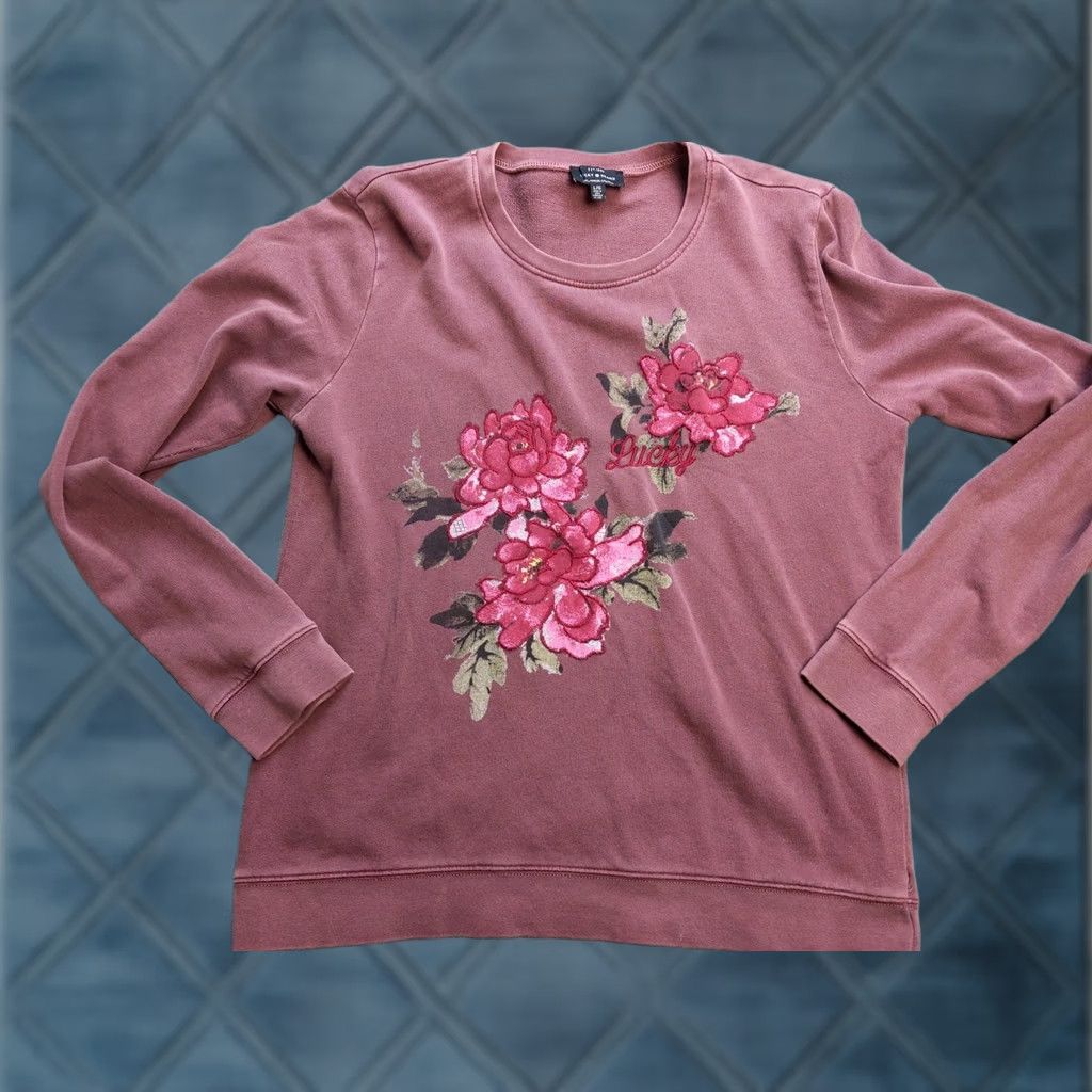 Lucky Brand Lucky Brand Sweater Womens Large Burgundy Floral Embroidered Crewneck Pullover Size L / US 10 / IT 46 - 1 Thumbnail