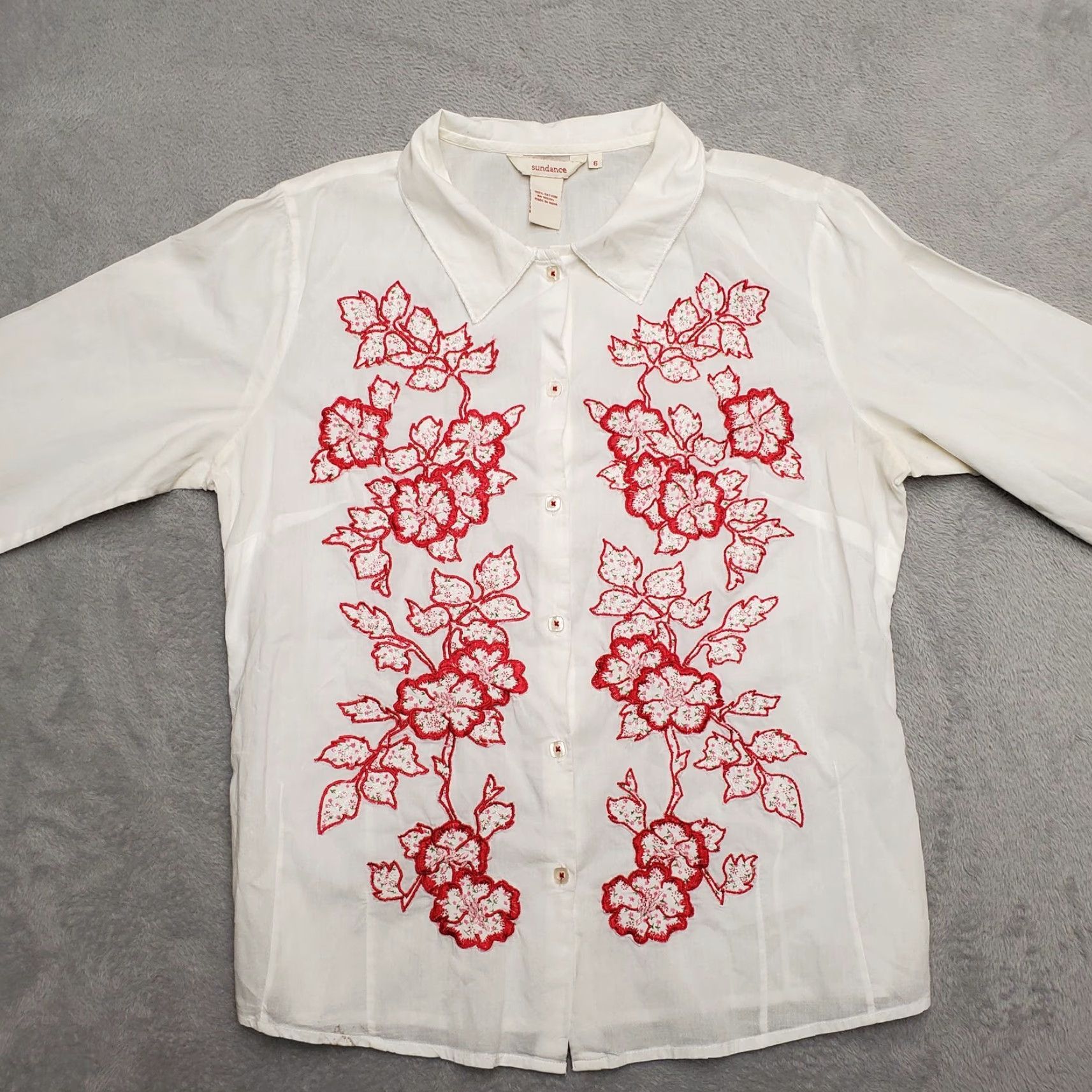 Vintage Sundance Shirt Womens 6 White Red Floral Embroidered Lightweight Blouse Size M / US 6-8 / IT 42-44 - 2 Thumbnail