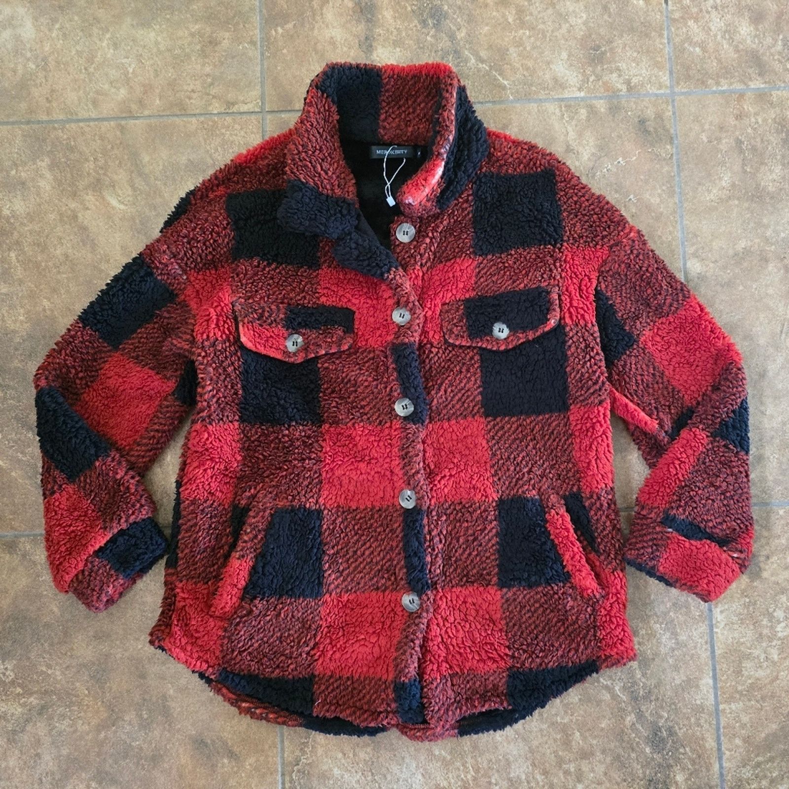 Other Red Black | MEROKEETY | Buttoned Teddy Jacket Size S / US 4 / IT 40 - 1 Thumbnail