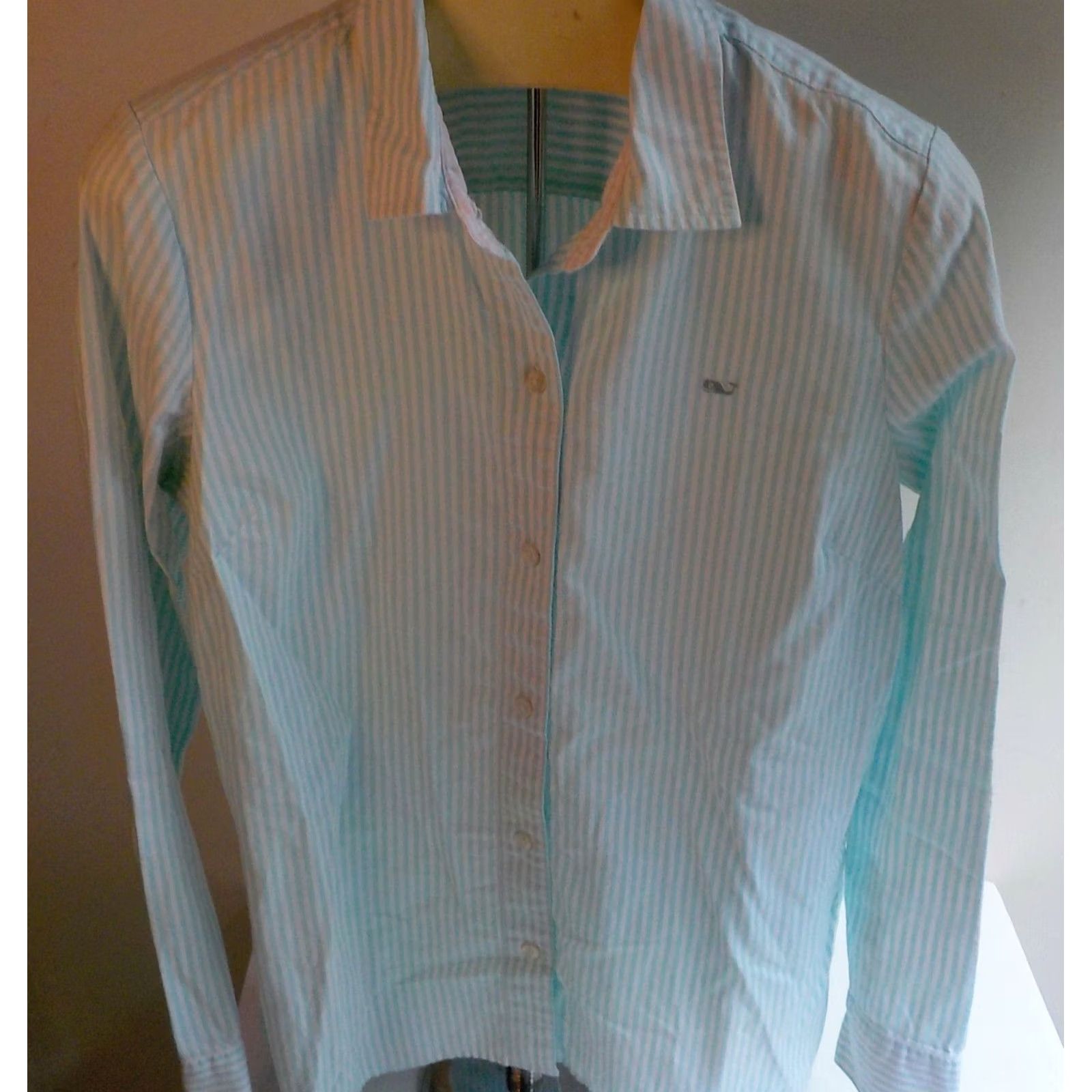 Vineyard Vines VINEYARD VINES Blouse Striped Long Sleeve Collared Teal White 100% Cotton SZ 8 Womens Size M / US 6-8 / IT 42-44 - 2 Thumbnail