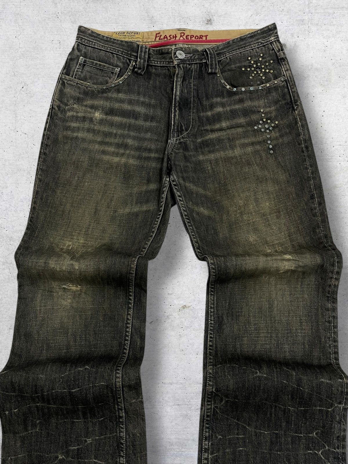Japanese Brand VINTAGE DISTRESSED MUDWASH STUDDED JAPAN FLASH REPORT DENIM Size US 32 / EU 48 - 4 Thumbnail