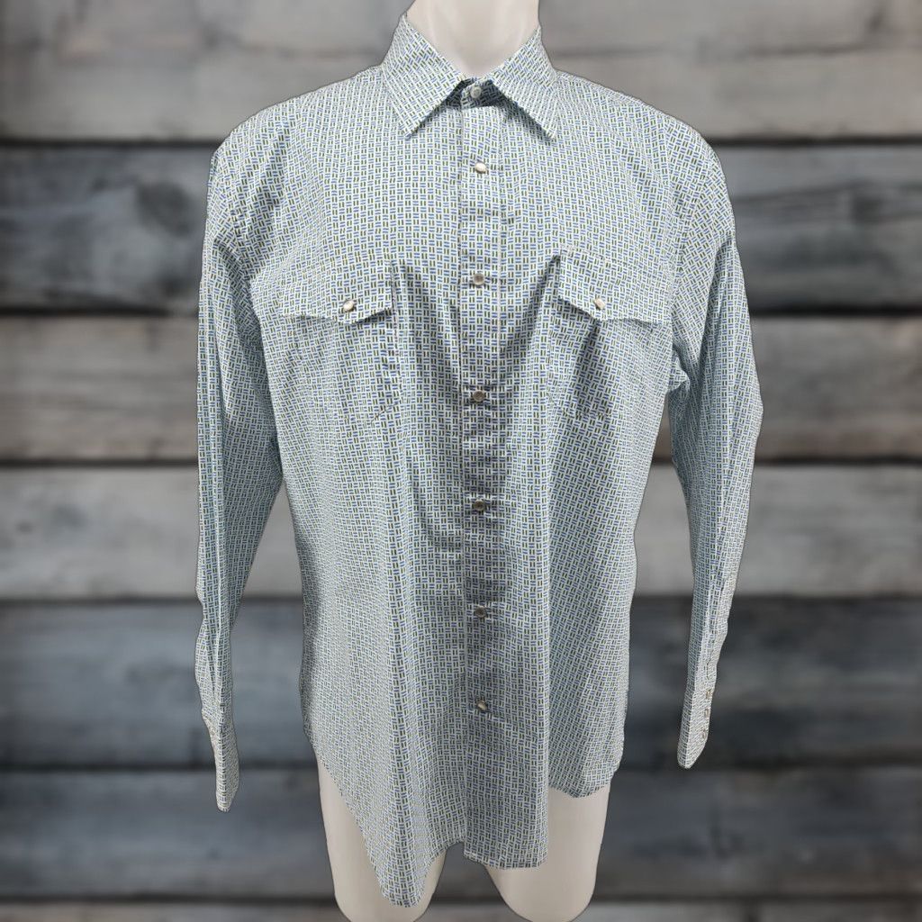 Wrangler VINTAGE Wrangler Shirt Men XL Green Blue Geometric Wrancher Long Sleeve Pearl Snap Size US XL / EU 56 / 4 - 1 Thumbnail