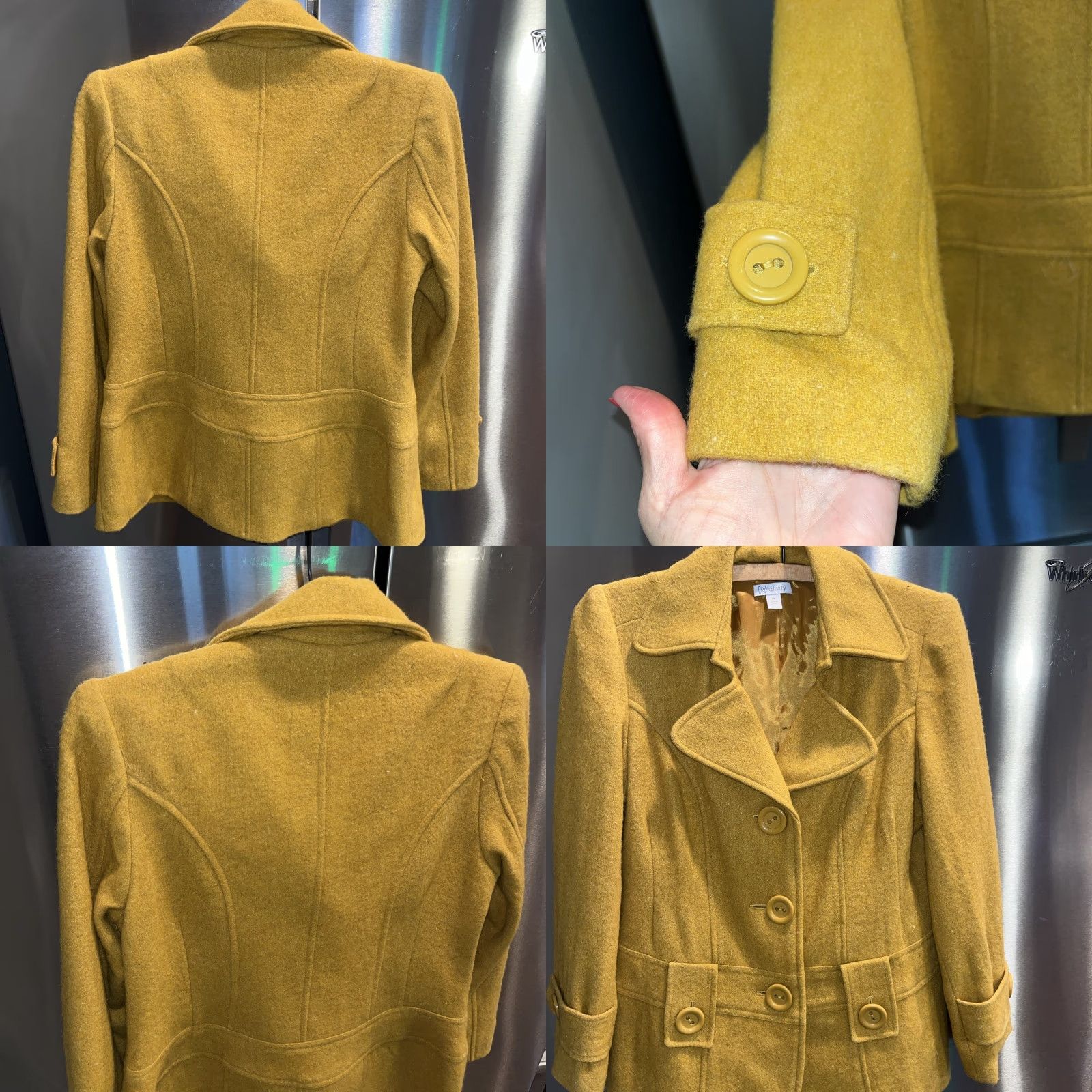 Vintage VINTAGE Relativity Wool Pea Coat Mustard Yellow Short Lined Button Up Straps Double Breasted Petite Womens PM Size 32" / US 10 / IT 46 - 9 Thumbnail