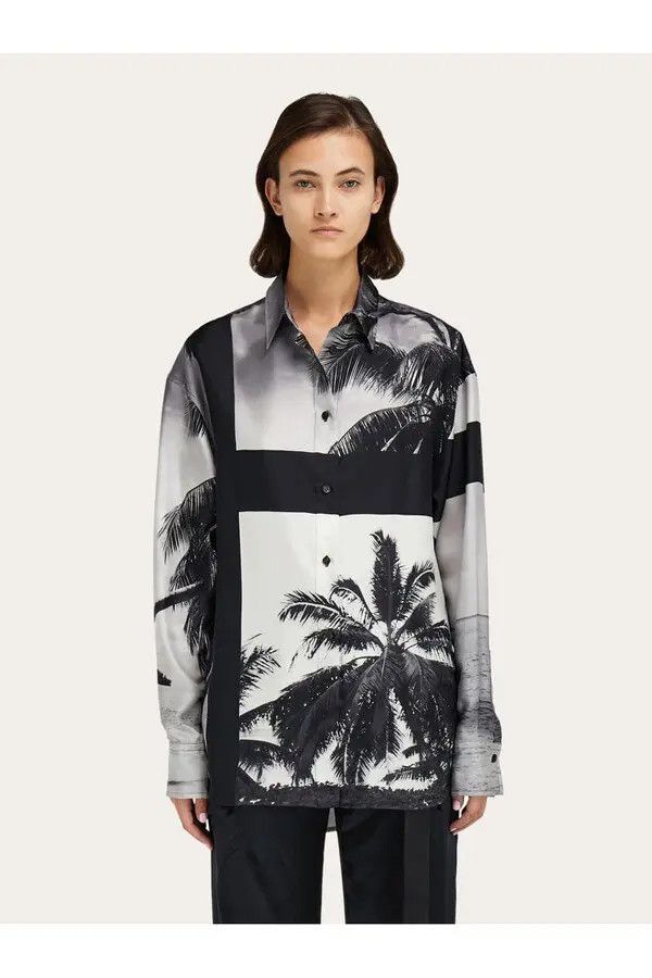 Salvatore Ferragamo o1s1rm0426 Trinidad Palm Print Shirt in White/Black Size XS / US 0-2 / IT 36-38 - 2 Thumbnail