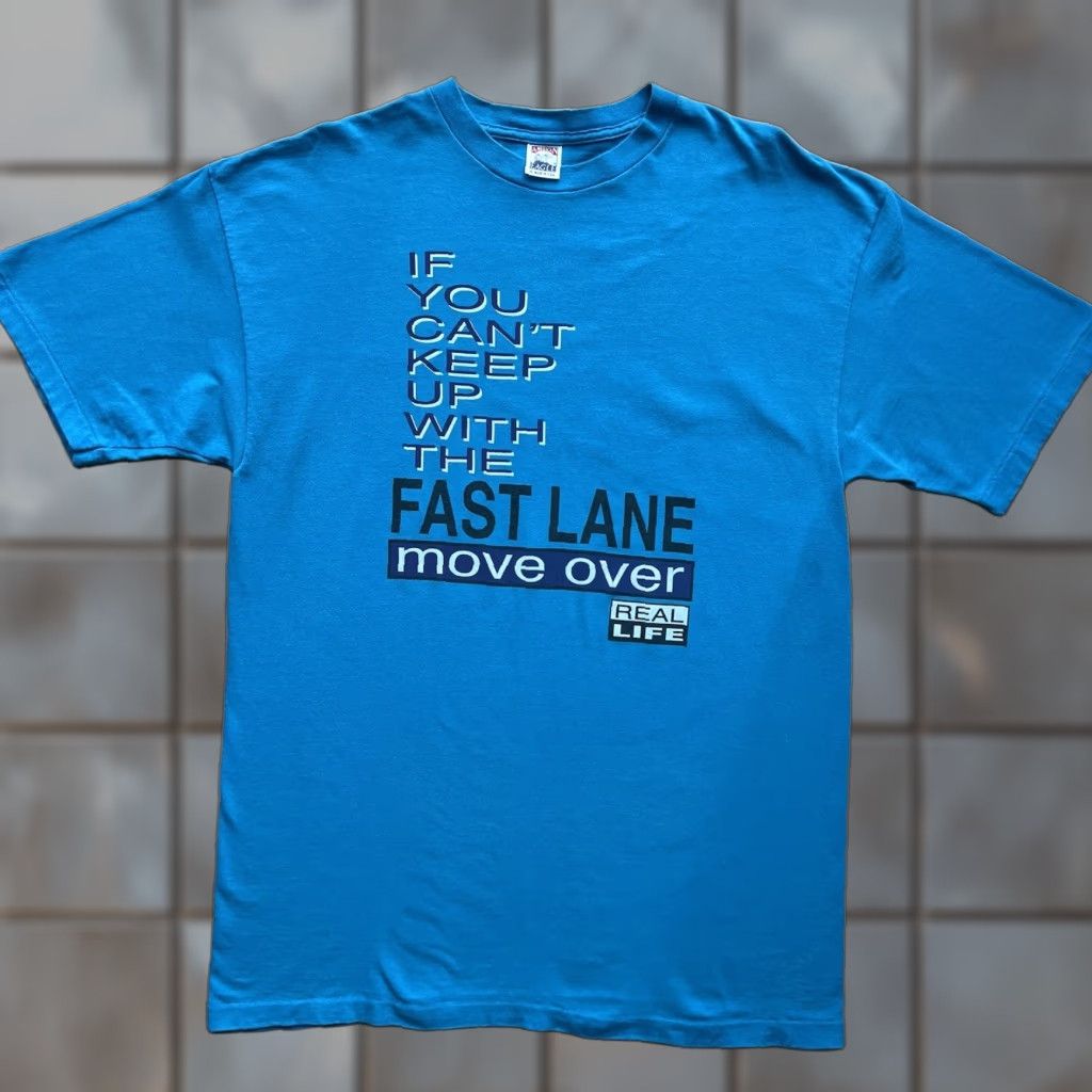 Alife Vintage Real Life Fast Lane Shirt XL Blue 90s Sportswear Quote Running Promo Mens T-Shirt Size US XL / EU 56 / 4 - 1 Thumbnail