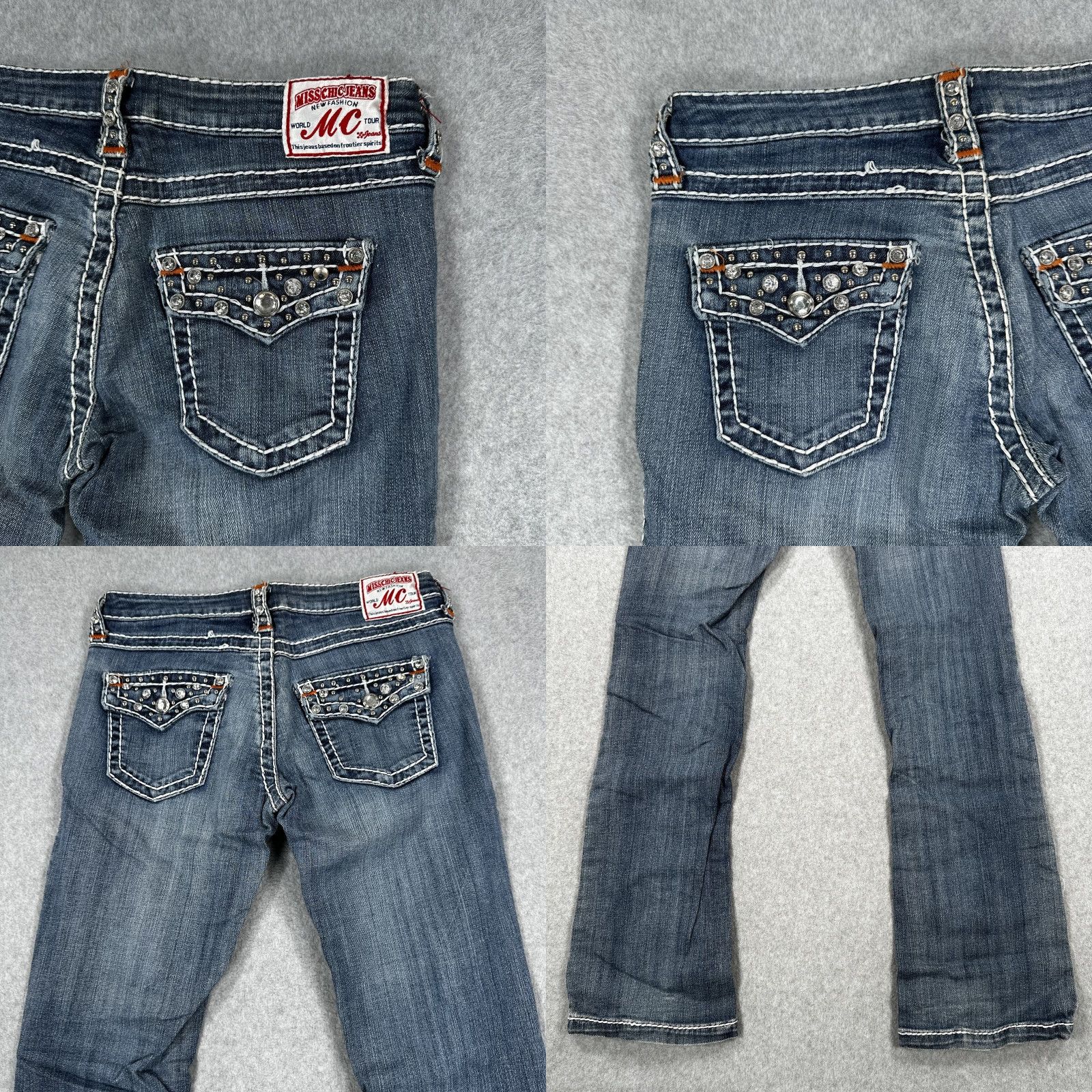 Vintage Miss Chic Jeans Womens 5 Blue Bootcut Denim Pants Distressed Crystal Studded Rhinestone Pockets Y2K Size 27" / US 4 / IT 40 - 9 Thumbnail