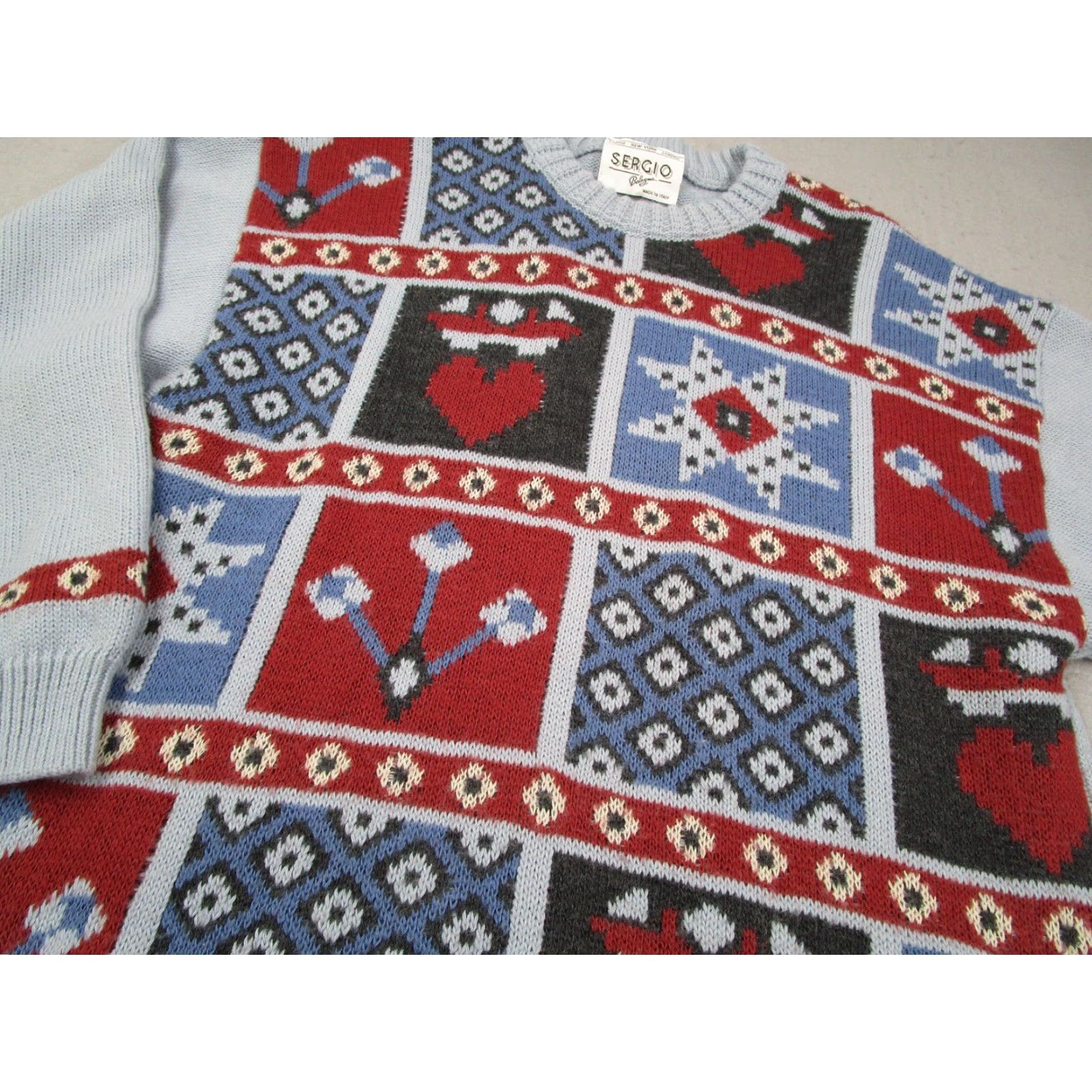 Vintage VINTAGE Sergio Sweater Mens Medium Blue Heart Fair Isle Knit Wool Italy 90s Size US M / EU 48-50 / 2 - 2 Thumbnail