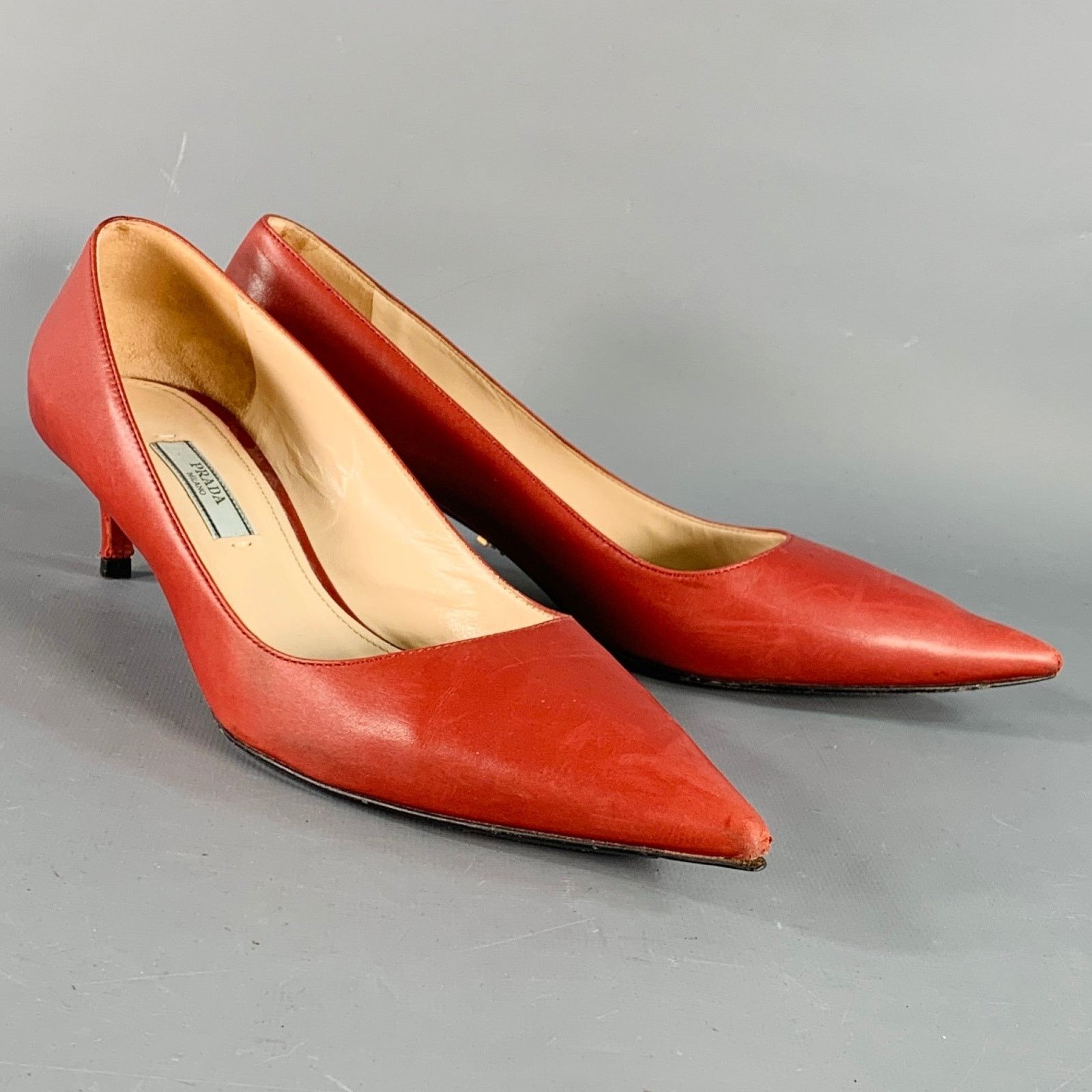 Prada PRADA Size 8 Red Leather Kitten Heel Pointed Toe Pumps Size US 8 / IT 38 - 1 Thumbnail