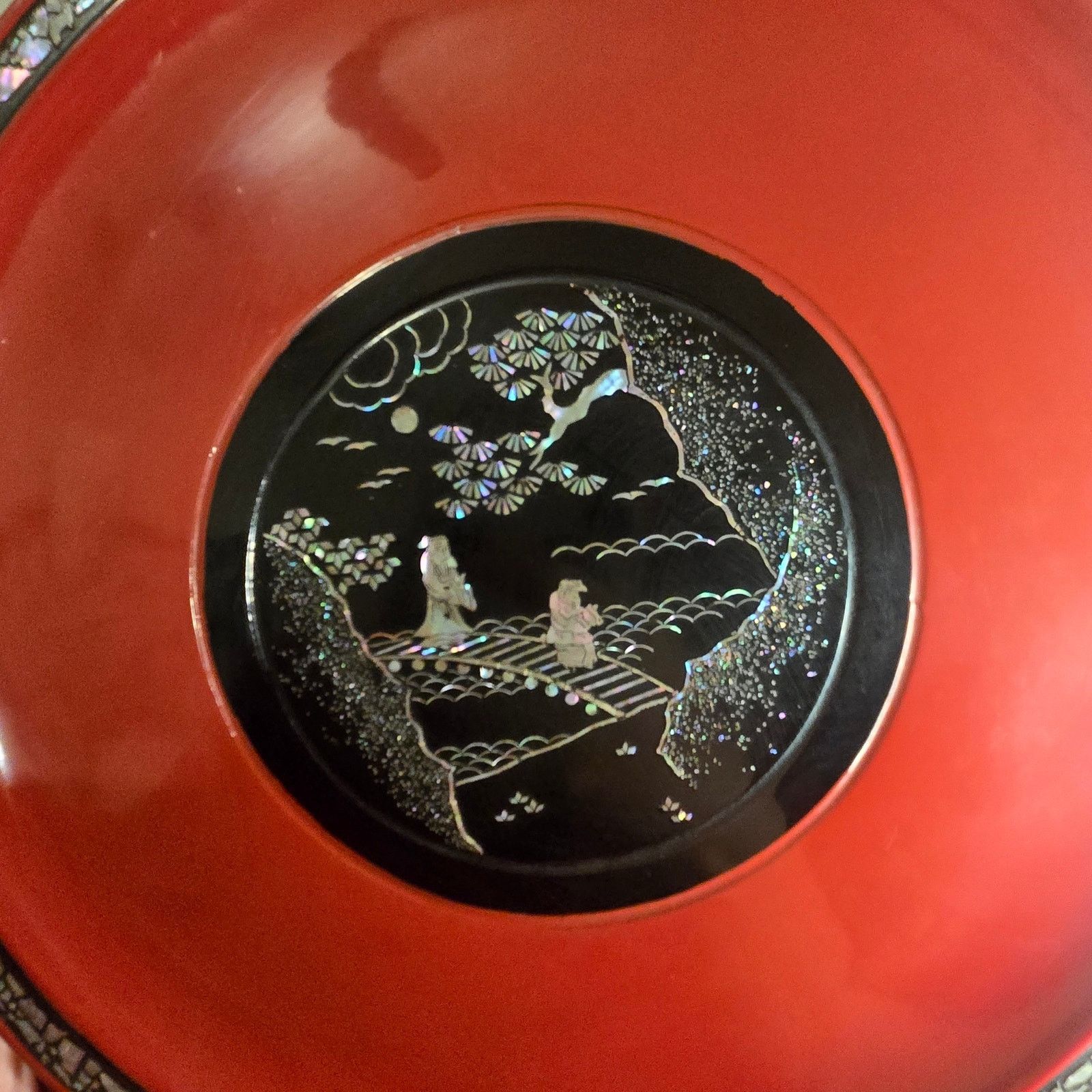 Vintage Antique Japanese Ryukyuan Lacquerware Plate Mother of Pearl Size 26 - 4 Thumbnail