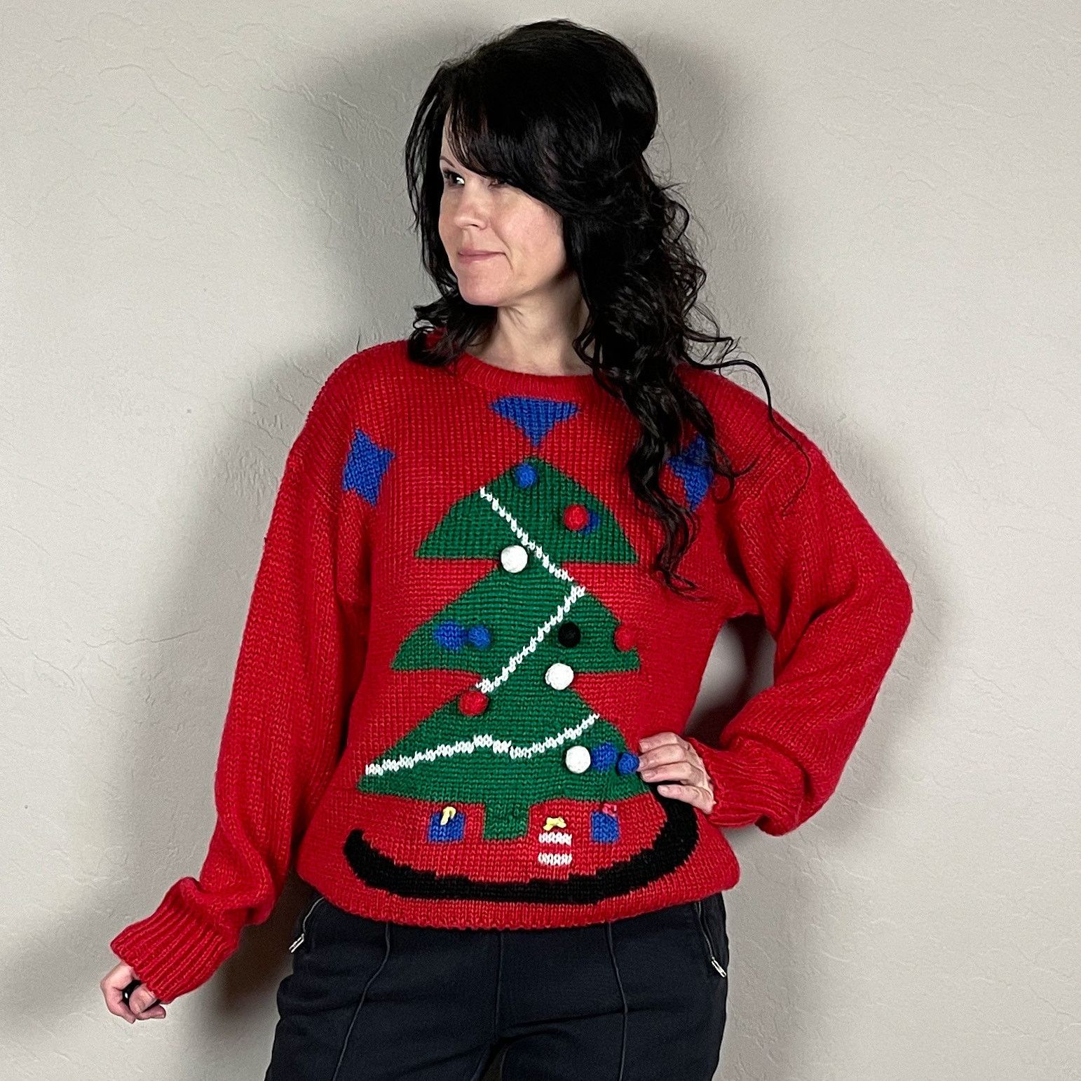 Vintage Vintage 1980s Red Christmas Tree 3D Graphic Holiday Sweater Size M / US 6-8 / IT 42-44 - 1 Thumbnail