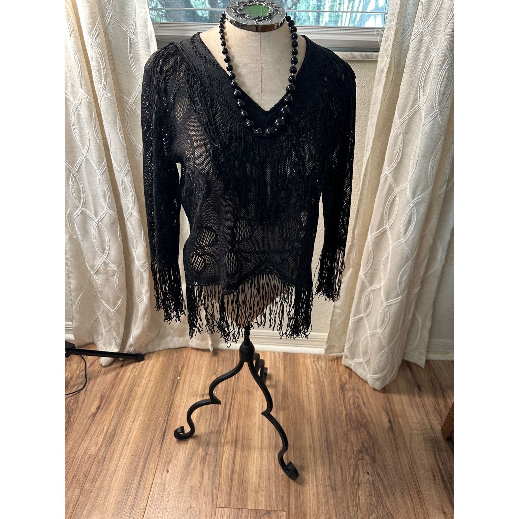 Japanese Brand VTG 1950 Black handwoven open knit blouse M floral lace Pa Size M / US 6-8 / IT 42-44 - 12 Thumbnail