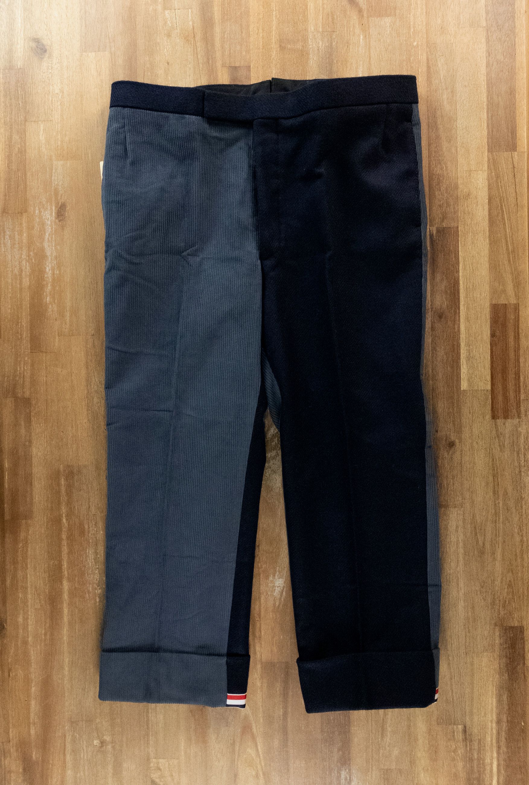 THOM BROWNE Fun-Mix blue wool & corduroy backstrap pants