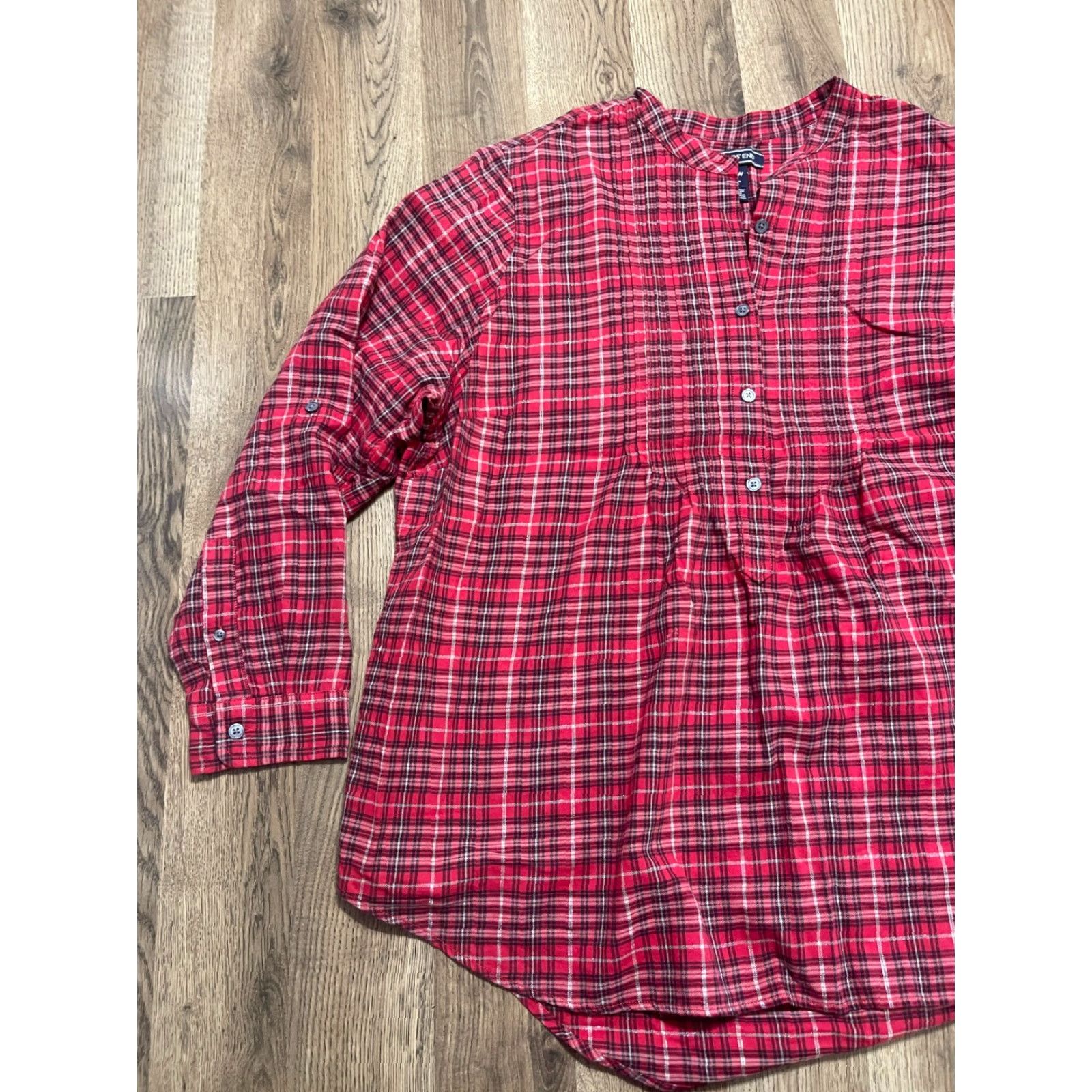 Lands' End Lands' End Shirt Womens 20W Red Black Silver Plaid Long Sleeve 1/4 Button Blouse Casual Fall Spring Summer Plus Regular Size 3XL / US 20-22 - 3 Thumbnail