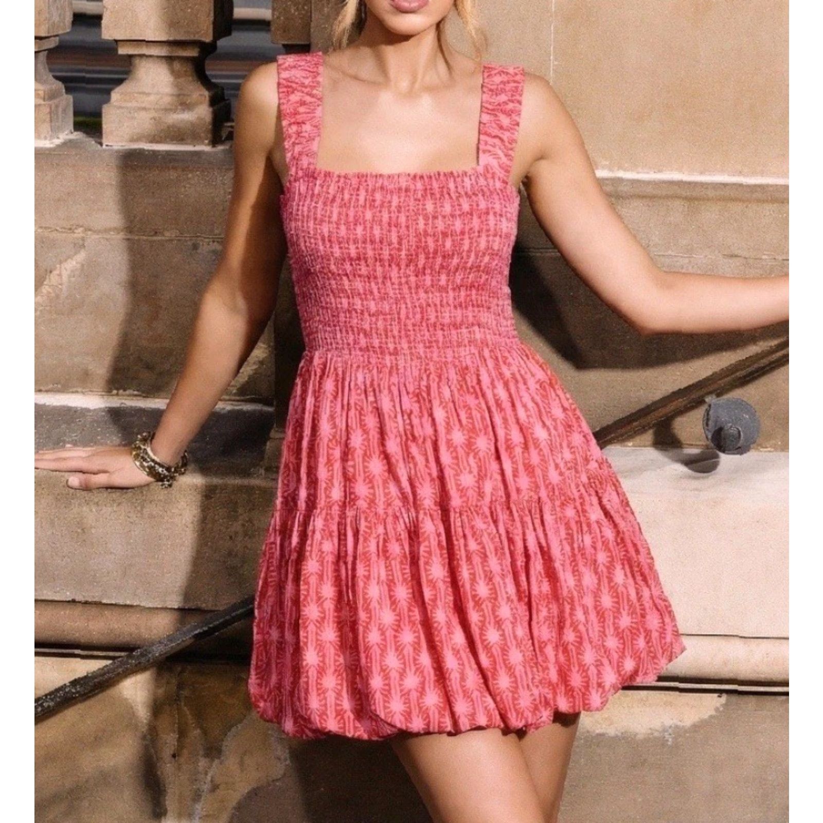 Free People Free People Mini Dress Womens M Pink Floral Smocked Ruffle Sleeveless Square Neck Size M / US 6-8 / IT 42-44 - 2 Thumbnail