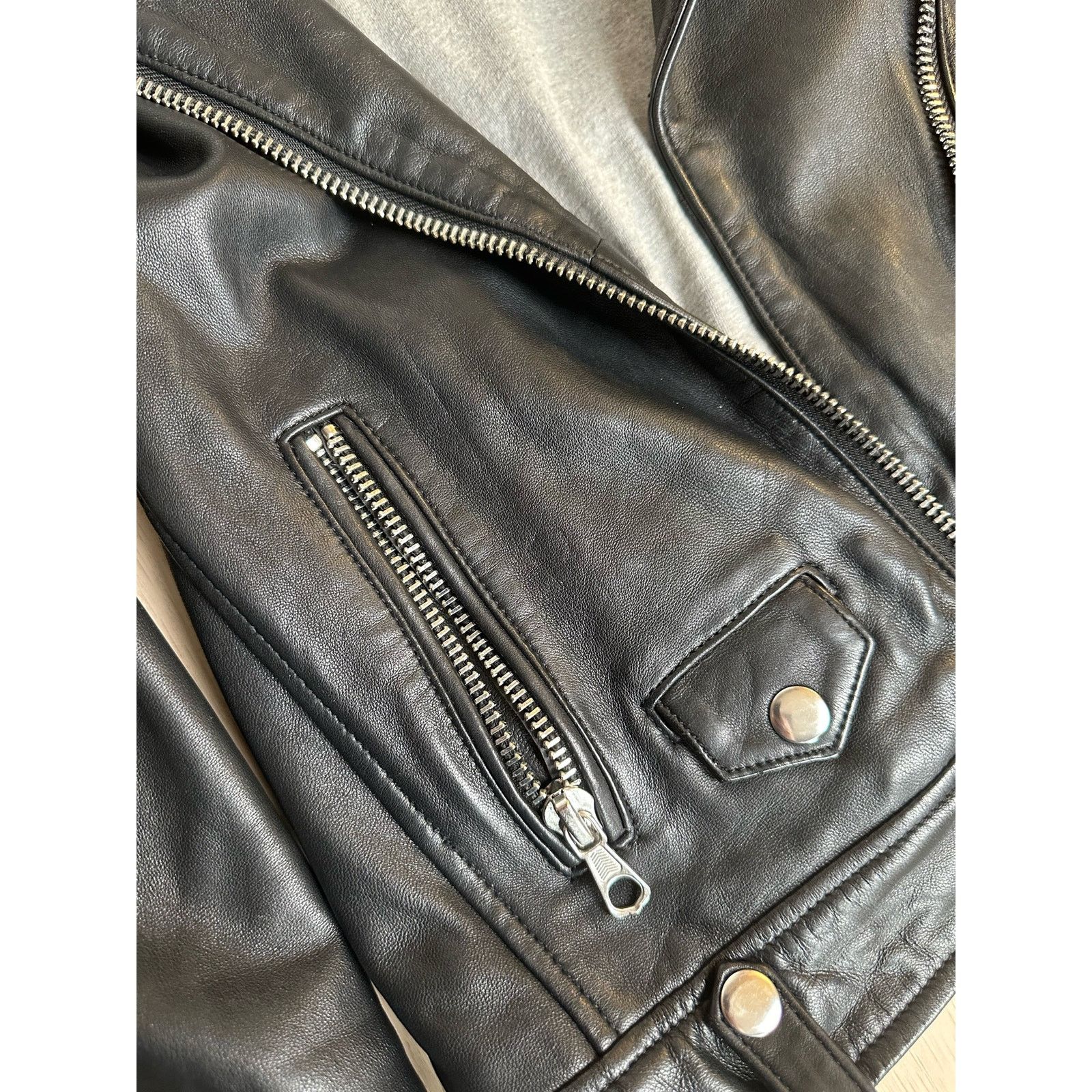 Other Vintage Black Leather Moto Jacket w/ Collar - Size 0 - MINT Size XS / US 0-2 / IT 36-38 - 2 Thumbnail