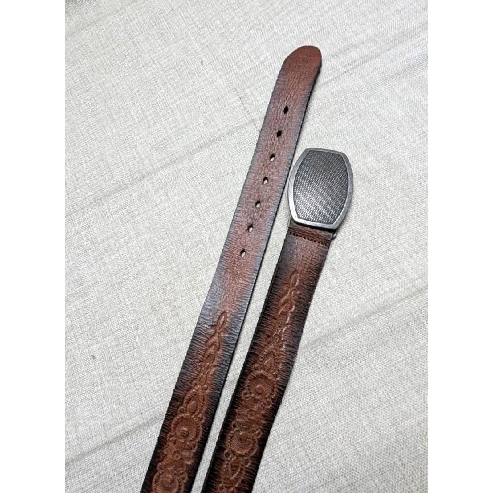 Vintage VINTAGE western belt Tooled brown leather 42 belt Mens Buckle patina rustic backstory Size 42 - 5 Thumbnail