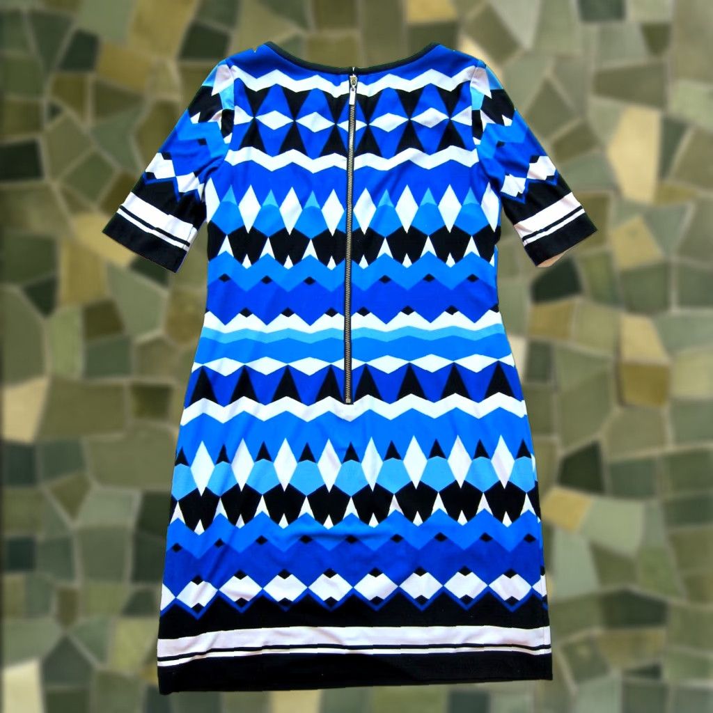 Vintage Eliza J Black Blue White Geometric Stretch Short Sleeve Tunic Sheath Dress 0P Size 25" / US 0 / IT 36 - 1 Thumbnail