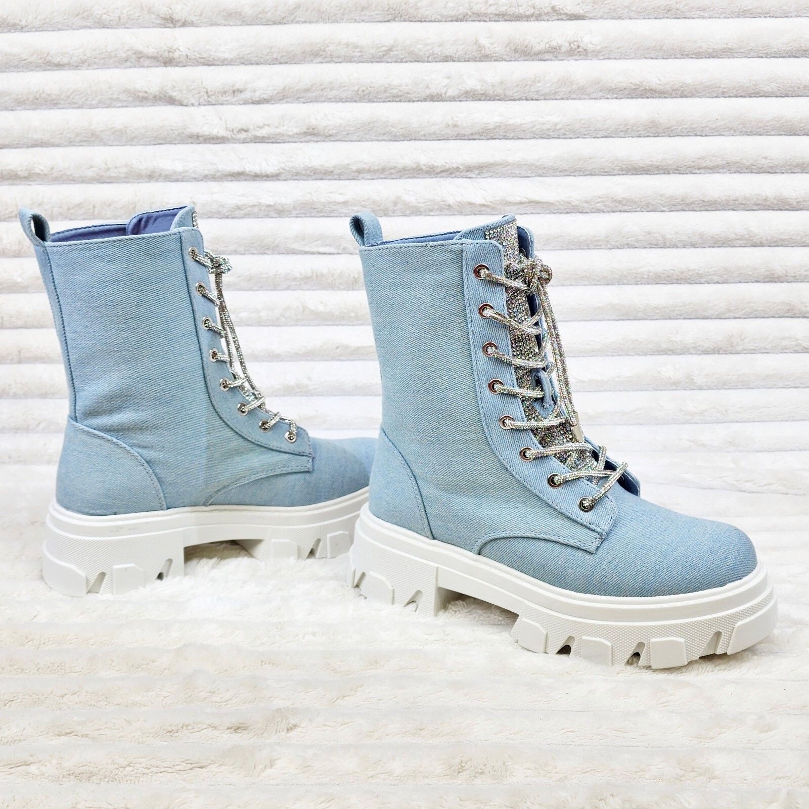 Other Rowan Denim Combat Ankle Boots Iridescent Rhinestone Tongue Size US 9 / IT 39 - 3 Thumbnail