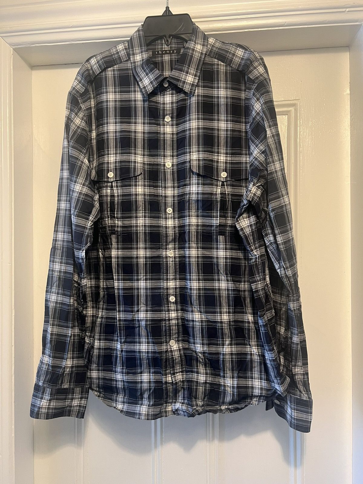 Theory Authentic Theory cotton button up shirt plaid XL black blue Size US XL / EU 56 / 4 - 1 Thumbnail