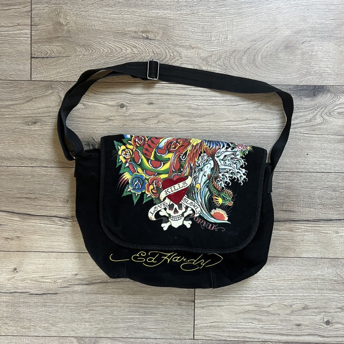 Christian Audigier Vintage Y2K Messenger Bag in Black, Men's