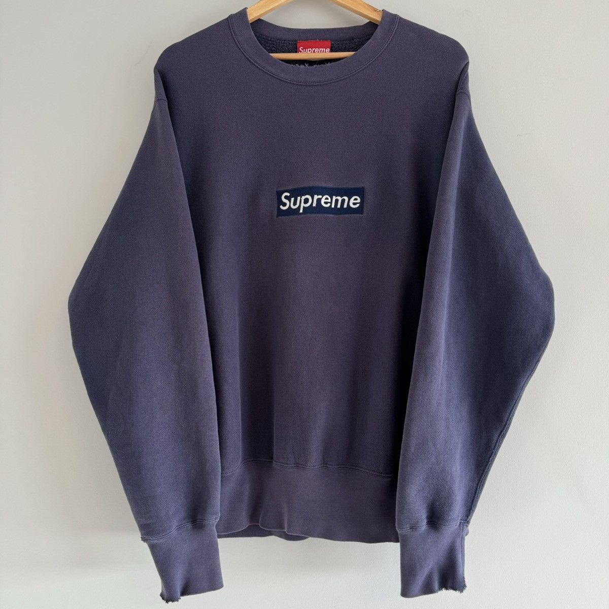 image of 1995 Supreme 1St Anniversary Box Logo Crewneck Navy in Blue, Men's (Size Large)