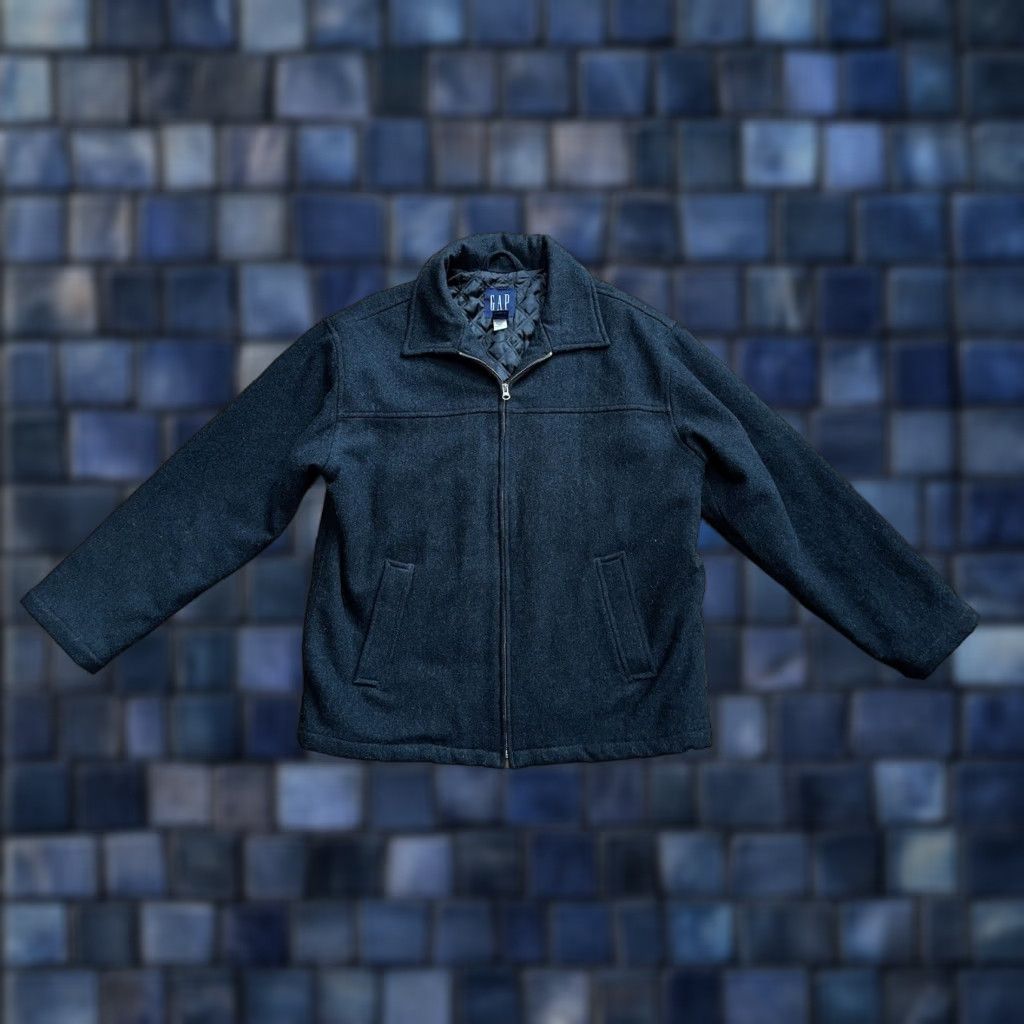 VINTAGE Gap Jacket Mens L Wool Blend Quilt Lined Charcoal Gray Black Bomber Zipper Casual Fall Winter EUC