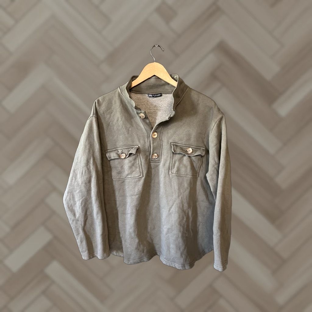 Zara Zara Sweatshirt Mens Green Mock Neck Button Up 1/4 Pockets Size L Size US L / EU 52-54 / 3 - 1 Thumbnail