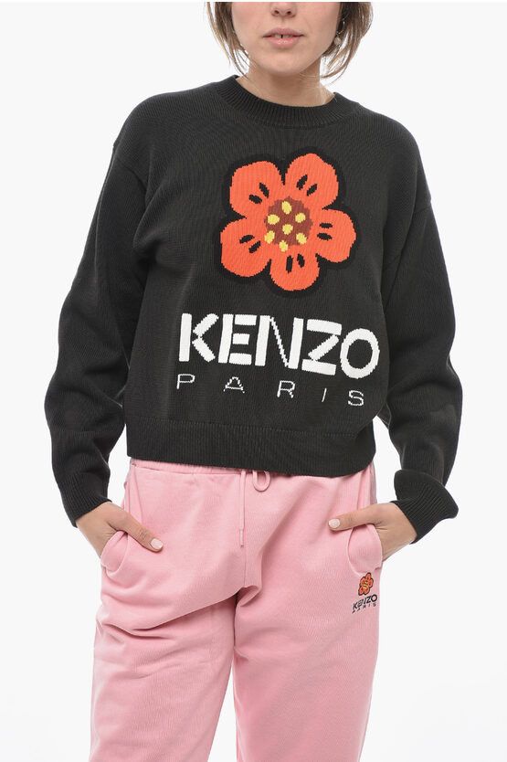 image of Kenzo Crew Neck Poppy Cotton Sweater in Black, Women's (Size Small)