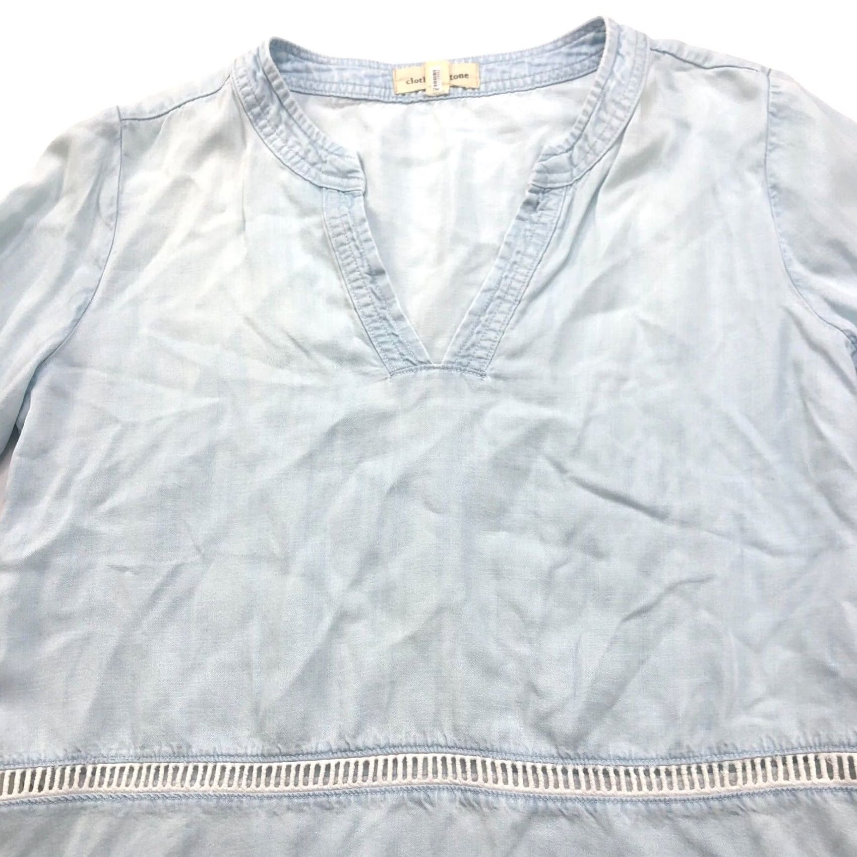 Bell Cloth & Stone Blouse Shirt V-Neck Bell Sleeve Chambray Lyocell Blue Small Womens Size S / US 4 / IT 40 - 2 Thumbnail