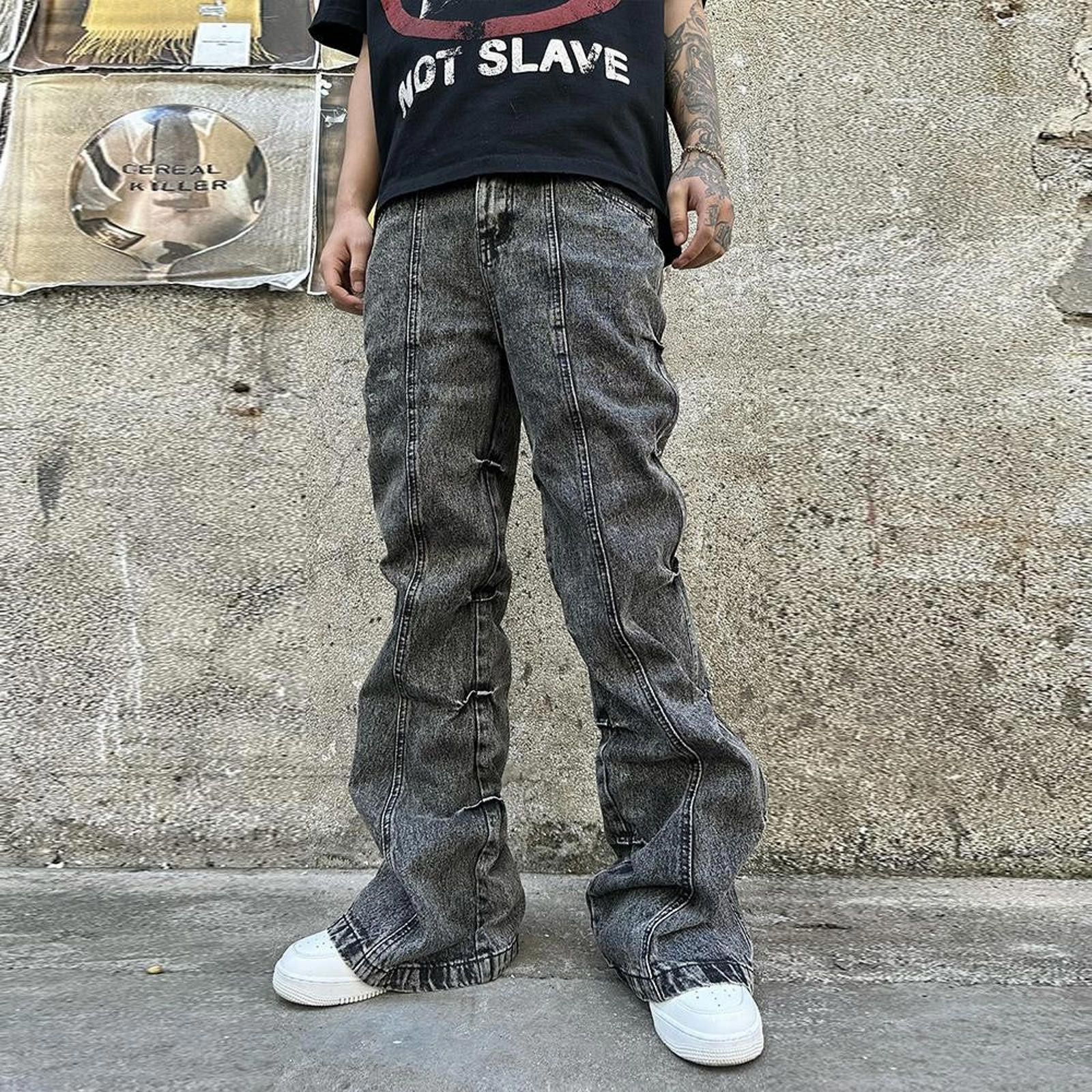 Vintage Wash Pleated Construction Raw Stacked Flared Jeans