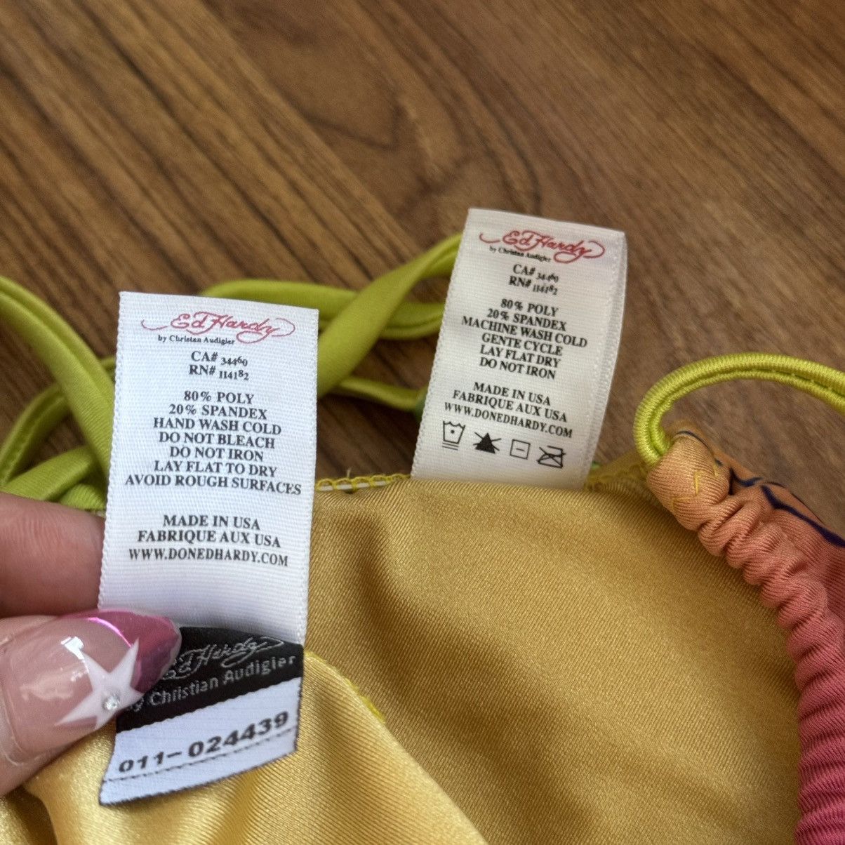 ED HARDY Vintage Y2K Rare Pink Yellow Dishonor Bikini Set
