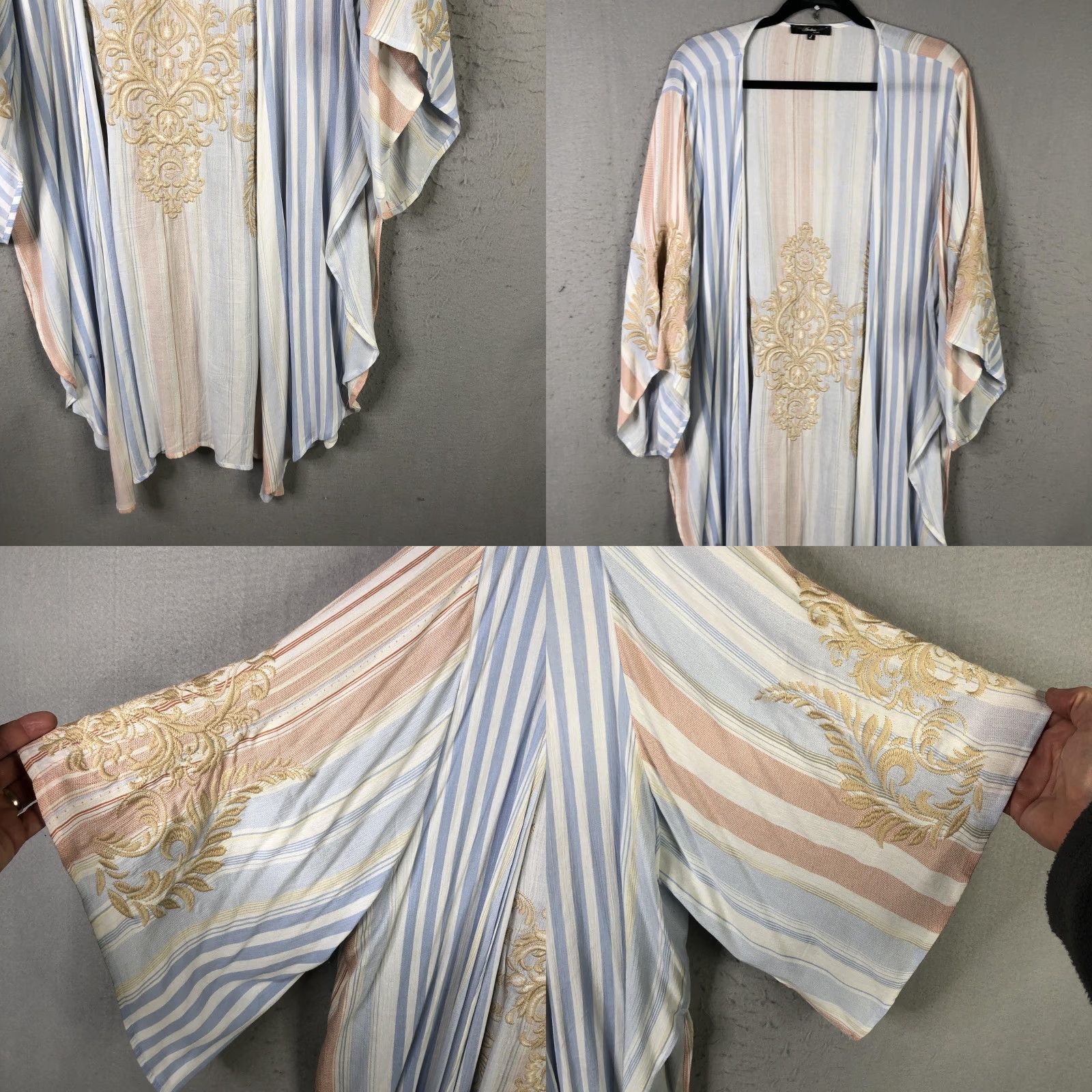 Vintage VINTAGE Andree by UNIT Kimono Cardigan Womens L Blue Peach Stripe Embroidered Boho Open-Front Lightweight Size L / US 10 / IT 46 - 8 Thumbnail