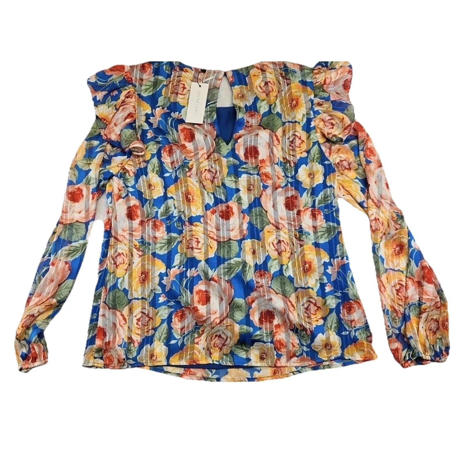 Sugar Sugar + Lipz XS Floral Peplum Blouse Blue Ruffle Cottagecore Romantic Top NWT Size XS / US 0-2 / IT 36-38 - 7 Thumbnail