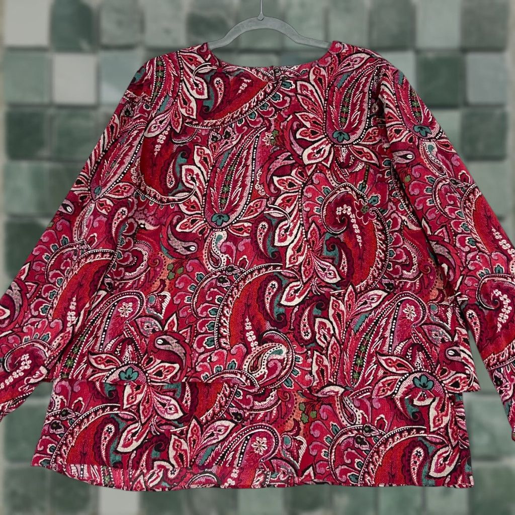 J. Jill J. Jill Shirt Women Large Red Paisley Print Tiered Long Sleeve Round Neck Casual Size L / US 10 / IT 46 - 1 Thumbnail